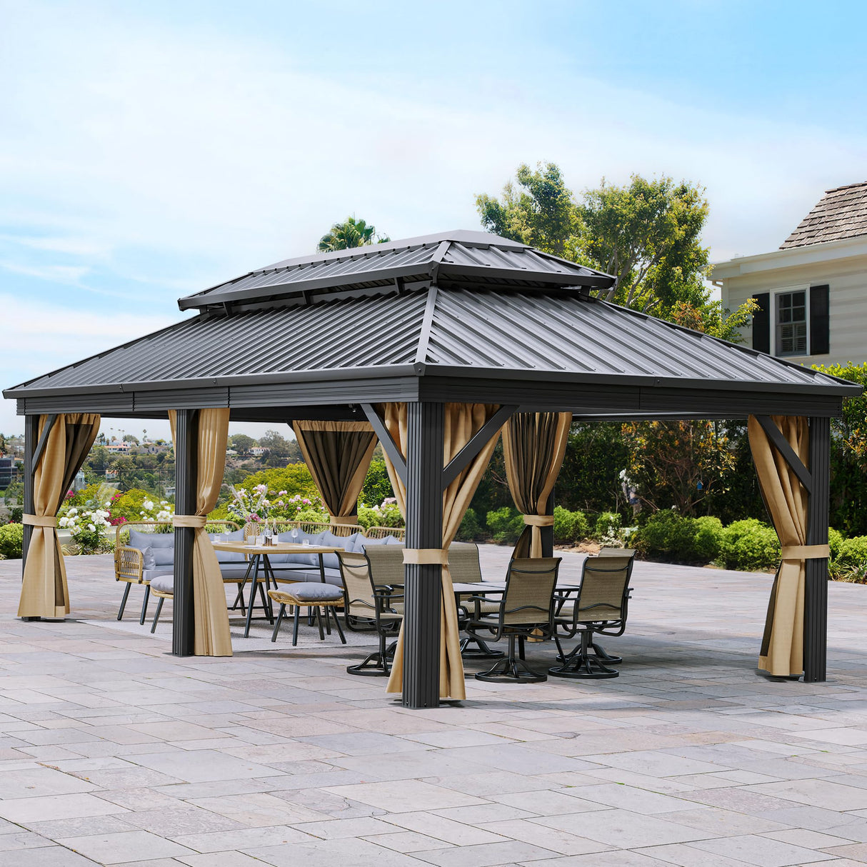 YITAHOME 12x18ft Gazebo Double Roof Hardtop Canopy Outdoor Heavy Duty w/Nettings and Curtains, Upgraded Aluminum Column Galvanized Steel Vertical Stripes Roof for Patio, Backyard, Deck, Lawns, Brown YITAHOME