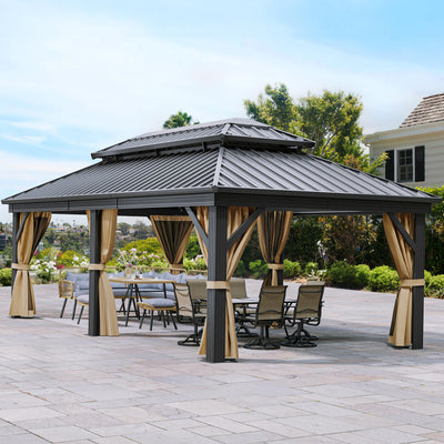 YITAHOME 12x18ft Gazebo Hardtop Canopy Outdoor Heavy Duty Double Roof w/Nettings and Curtains, Upgraded Aluminum Column Galvanized Steel Vertical Stripes Roof for Patio, Backyard, Deck, Lawns, Brown