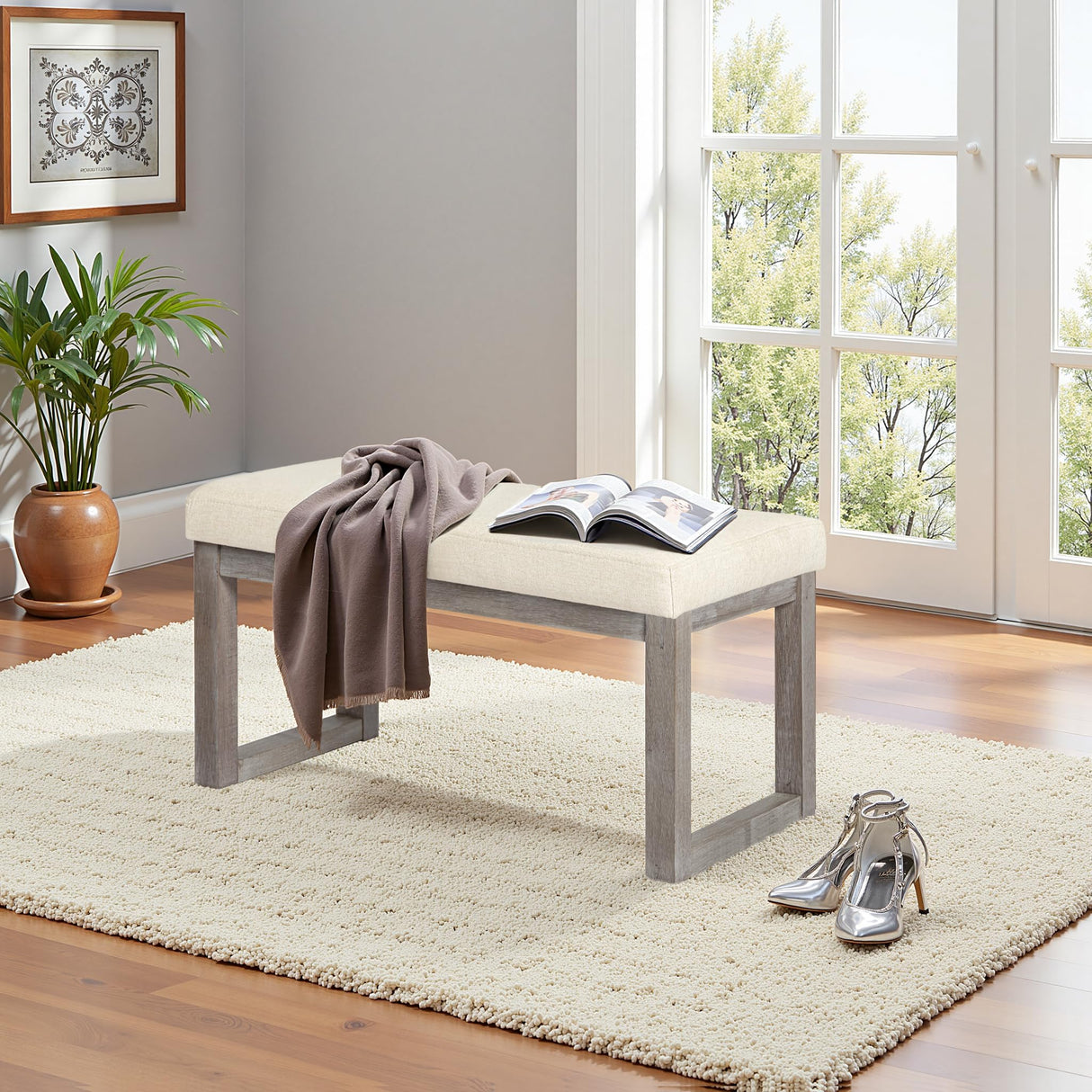 CangLong 27 Inch Wide Ottoman Bench, Rectangle Footstool with Linen Look Fabric and Wood Leg for Entryway, Bedroom & Living Room, Beige CangLong