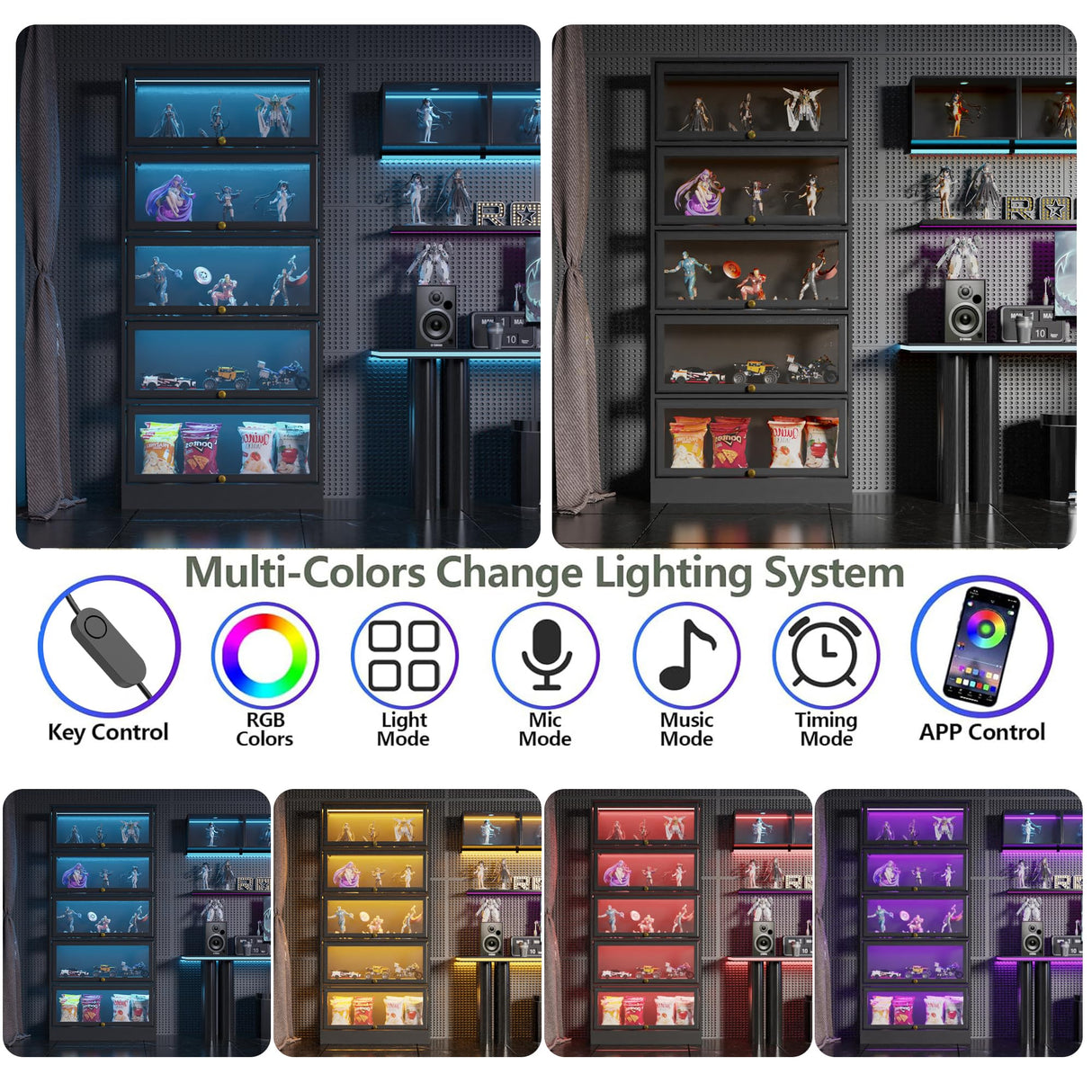 BONITURE Display Cabinet with Acrylic Glass Doors,5-Tiers Curio Cabinet with LED Lighting for Collectibles, Collectibles Toy Organizers Rack & Display Shelf Display Case Storage Cabinet, Black BONITURE