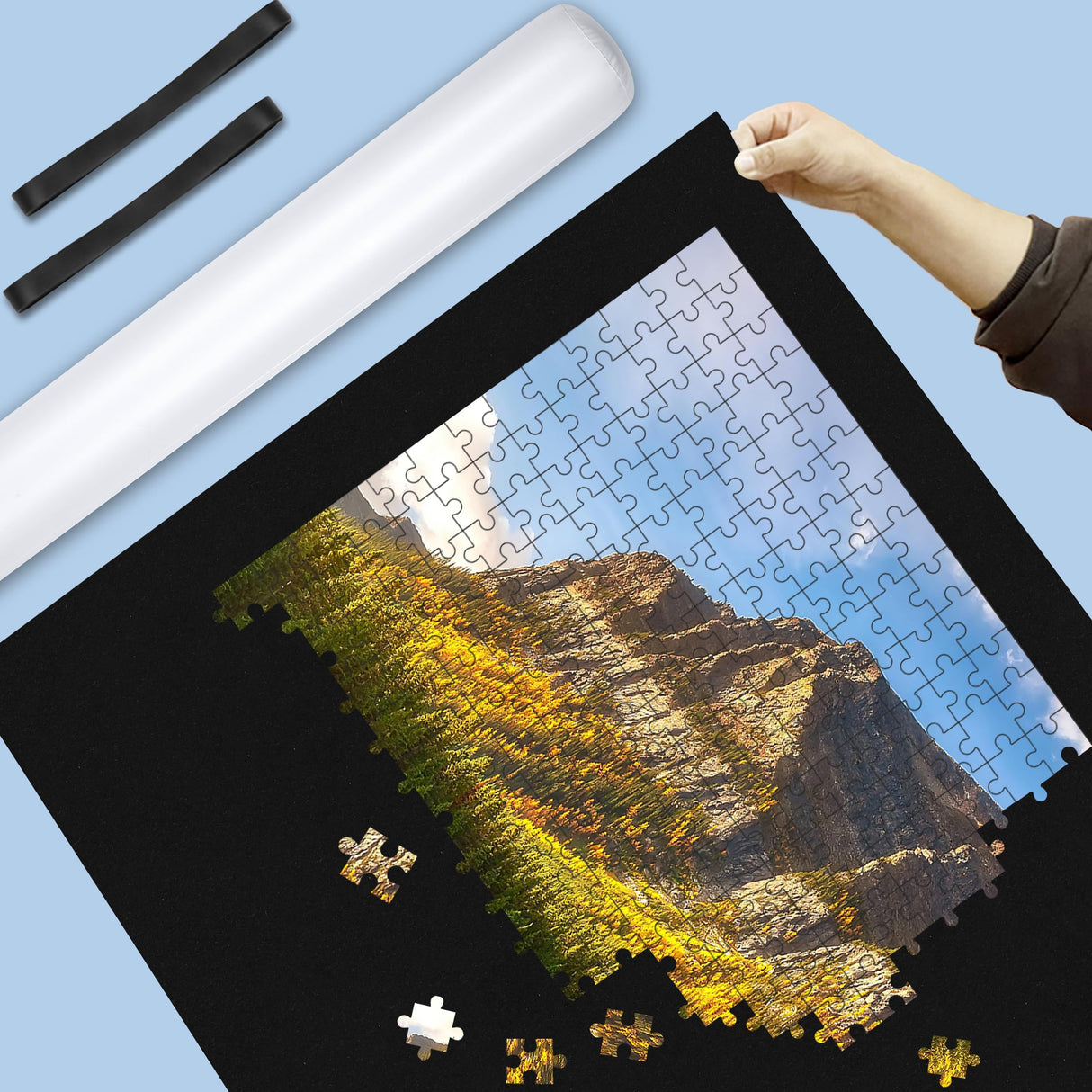 Jigsaw Puzzle Mat Roll Up - 2000 Pieces, 1500, 1000 Pieces Saver Large Black Puzzles for Adults Kids, Storage and Transport Premium Pump Glue Felt Mat Inflatable Tube Holder Organizer Pad Keeper Genovega