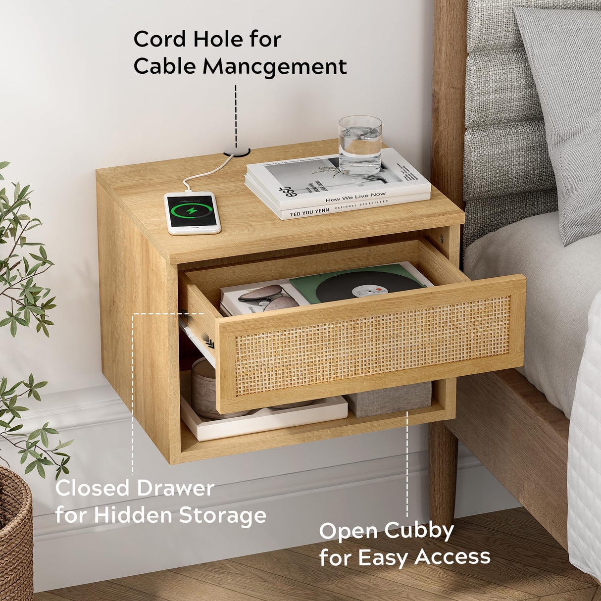 EYYTHUNG Small Rattan Floating Nightstands with Drawer Set of 2, Wall Mounted Night Stand with Open Compartment Modern Wooden Bedside Table Storage Cabinet for Bedroom, Entryway Natural Oak EYYTHUNG