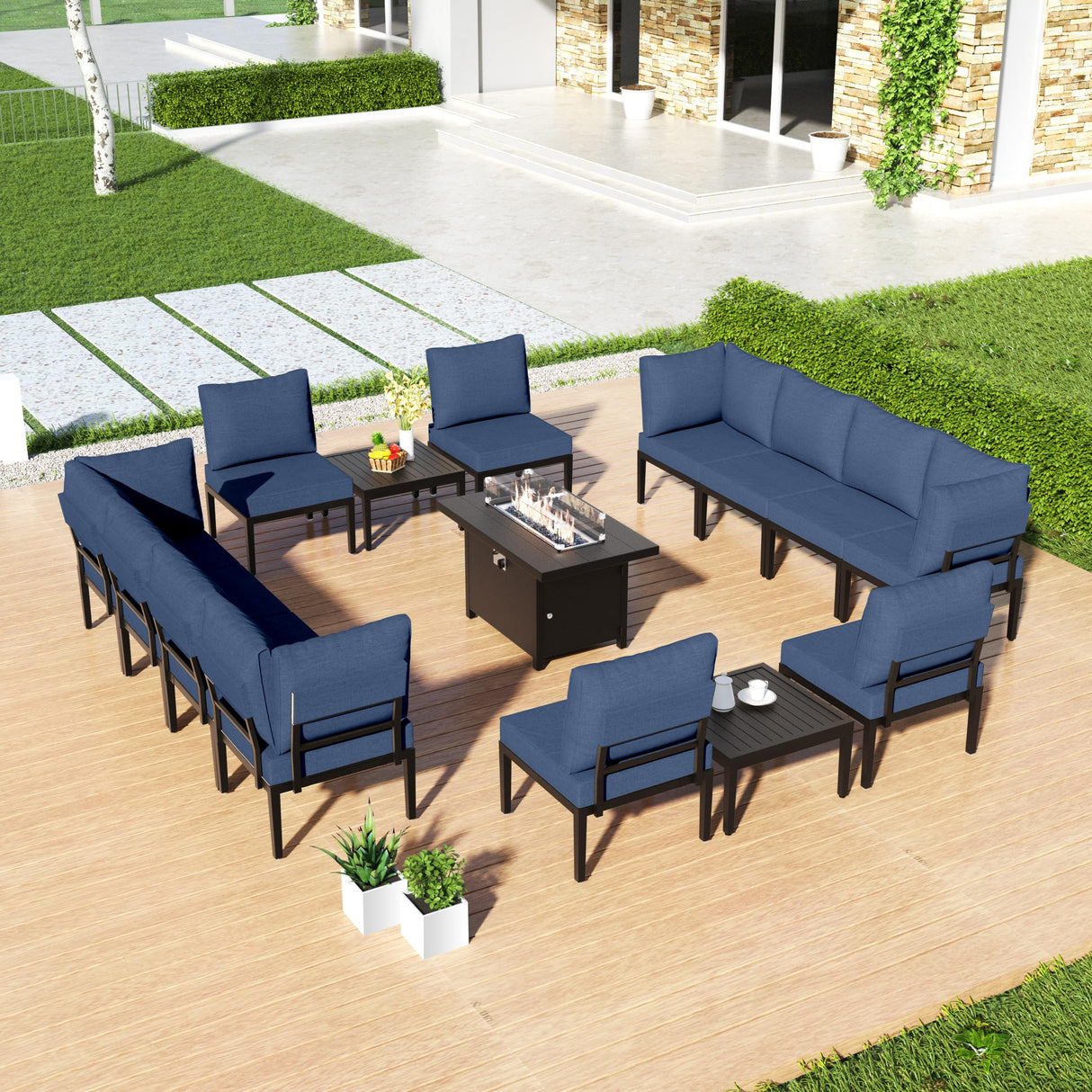 RTDTD 15 Piece Patio Furniture Set with 45" Propane Gas Fire Pit Table Metal Outdoor Patio Conversation Sectional Sofa Set with Coffee Table for Patio, Backyard, Deck(Navy) RTDTD