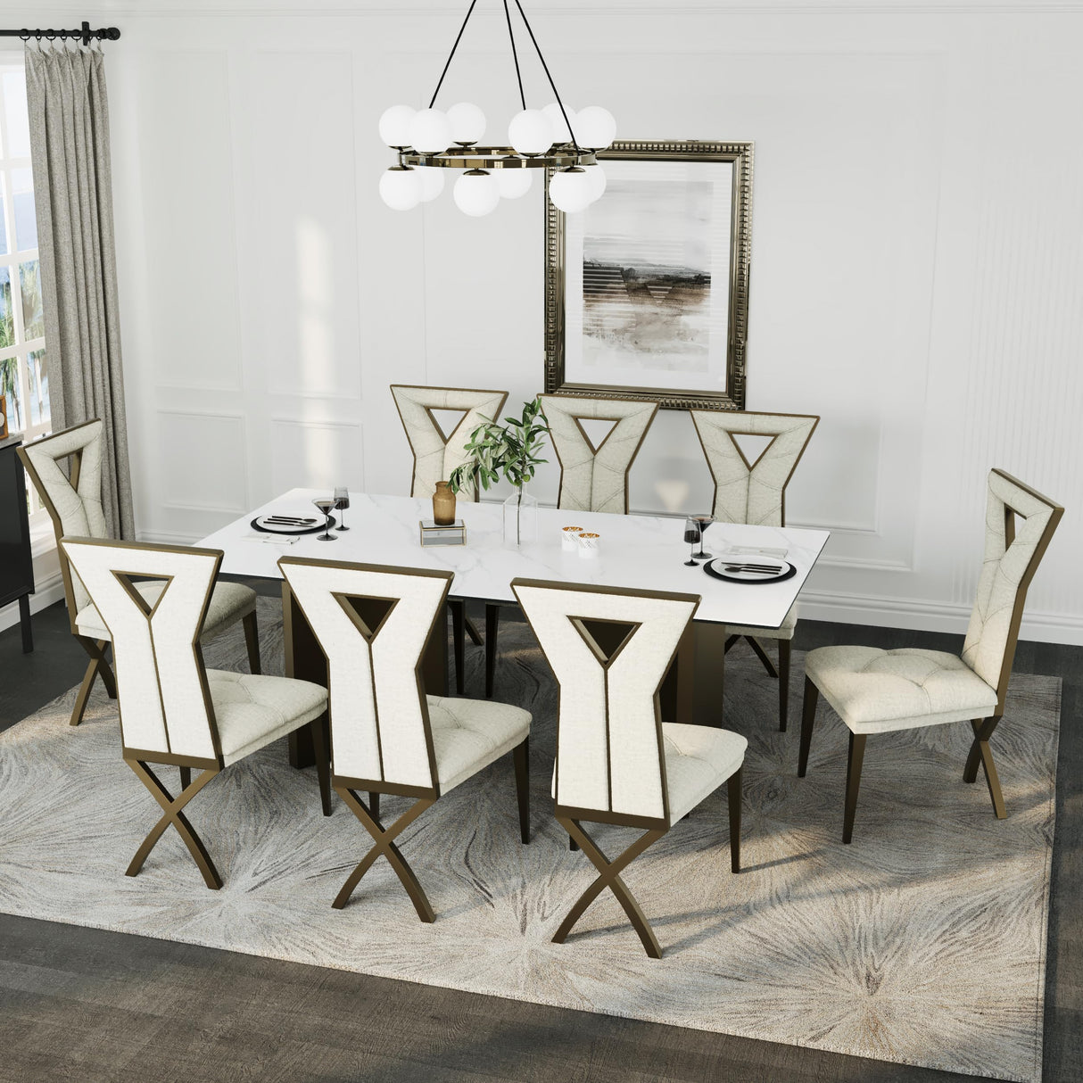 Anewsun 9 Piece Dining Table Set, Brushed Bronze Dining Room Table Set with 78 inch White Stone Table and 8 White Chenille Dining Chairs Anewsun