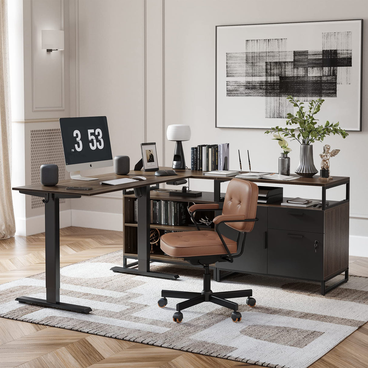 FEZIBO 66 Inch Executive L Shaped Standing Desk with 2-Drawer File Cabinet, Electric Height Adjustable Stand up Desk, Home Office Modern Wood Computer Desk with Shelves, Black Frame/Dark Walnut Top FEZIBO