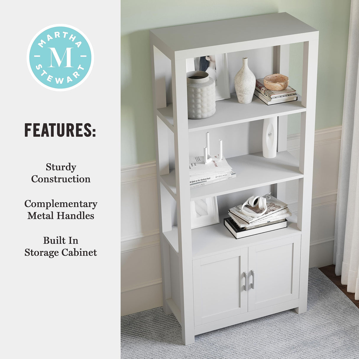 Martha Stewart Hutton Four Tier Shaker Bookcase with Storage Cabinet in Gray with Brushed Nickel Hardware Martha Stewart