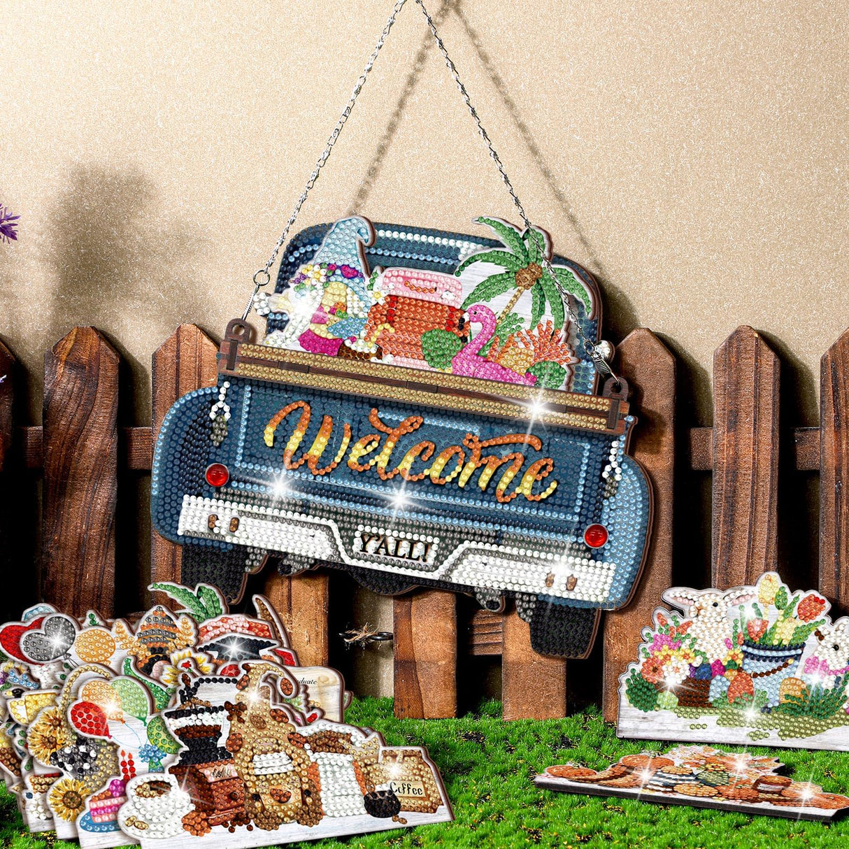 Burbell 21 Pcs Interchangeable Diamond Painting Welcome Sign for Front Door Diamond Painting Truck Decor Interchangeable Seasonal Welcome Sign for DIY Art Kit Wall Window Door Farmhouse(Blue) Burbell