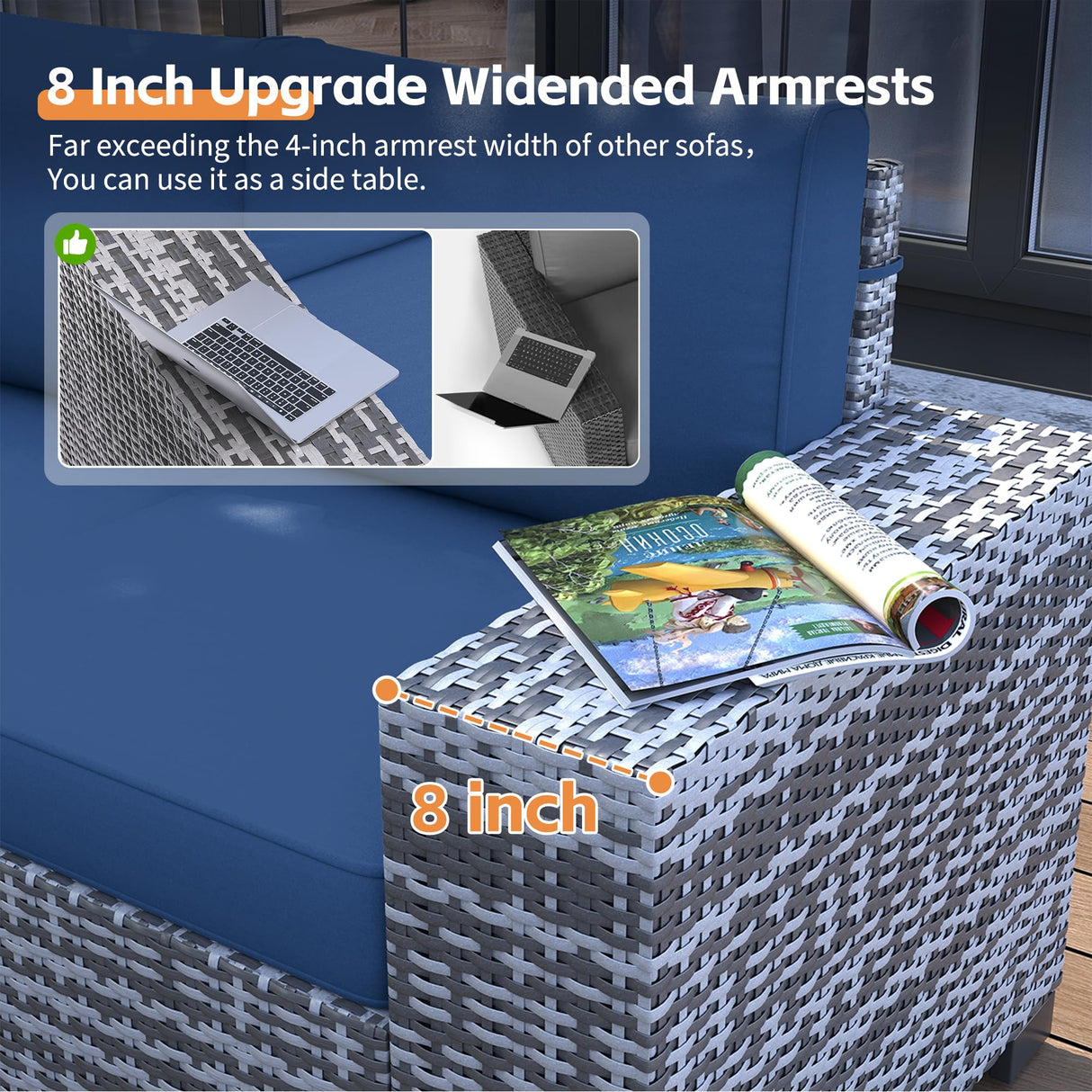 UDPATIO 13 Piece Patio Furniture Set with Fire Pit Table, 8''Wide Armrest Modular Rattan Outdoor Sectional Sofa Set,Wicker Patio Conversation Sets for Backyard,Deck w/ 4'' Cushions,Cover(Grey/Blue) UDPATIO