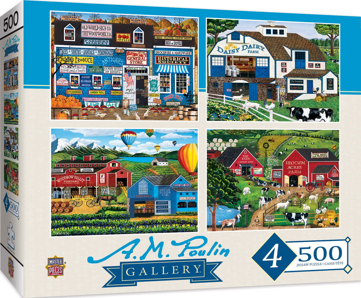 MasterPieces 2000 Piece Jigsaw Puzzle for Adults, Family, Or Youth - Fun Folk Art Am Poulin 4-Pack - 14"x19" Masterpieces