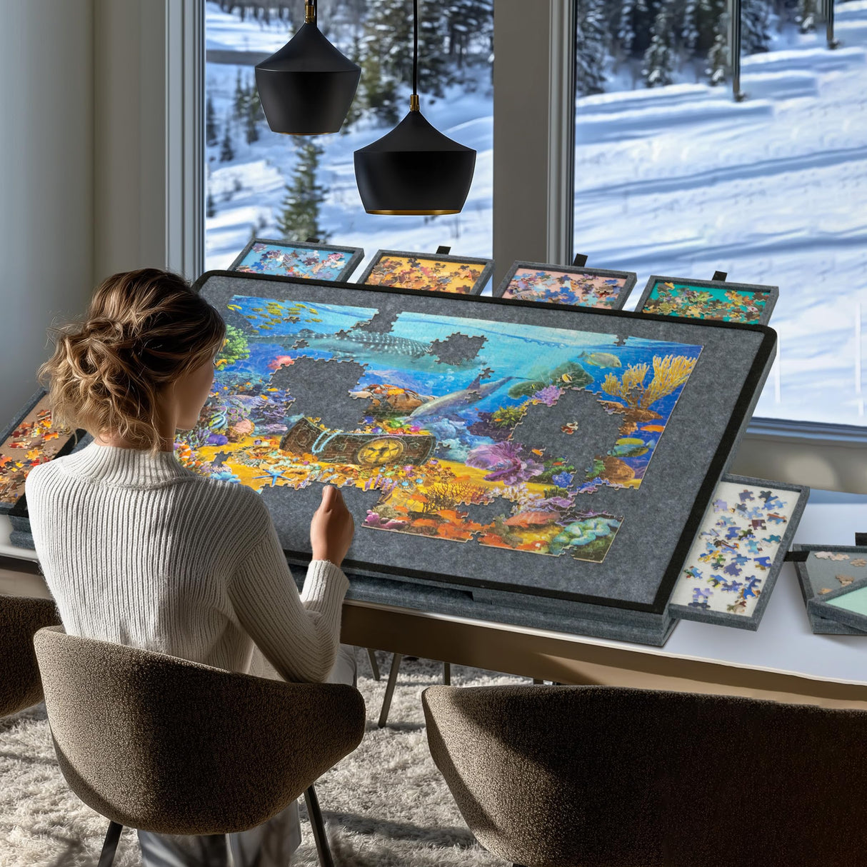 Becko US Tilting Puzzle Board with 2-in-1 Designed Stand & Cover, Lightweight Felt Storage Case with 8 Drawers for Adults, Portable Jigsaw Puzzle Table for Games Up to 1500 Pieces