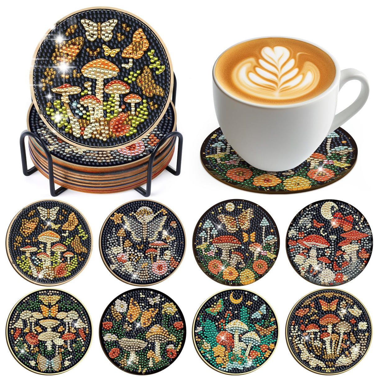 Mushroom Diamond Art Coasters Kit - 8 Pcs Boho Celestial Moth Mushroom Diamond Painting Coasters Kit for Adults, Gem Art Rhinestone Painting DIY Craft Supplies for Women Halloween Sitsink