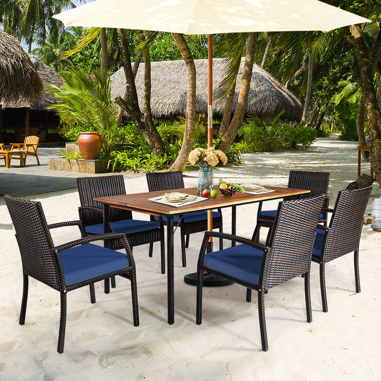 HAPPYGRILL 7 Pieces Patio Dining Set Outdoor Furniture Rattan Wicker Dining Set with Umbrella Hole, Powder Coated Steel Frame, Acacia Wood Dining Table and Armchairs with Removable Cushions HAPPYGRILL