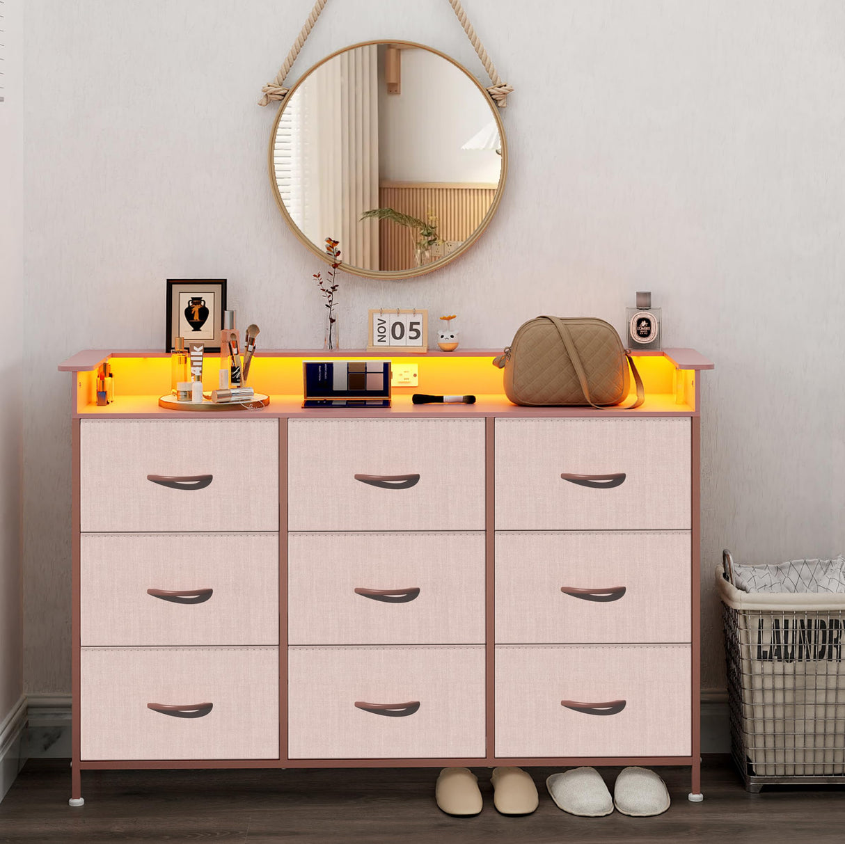 EXOTICA Pink Dresser with LED Light for Girls Bedroom 9 Drawer Dressers with Charging Station Chests of Drawers for Living Room Entryway Closet Hallway Sturdy Steel Frame Wooden Top Easy Pull Handle EXOTICA