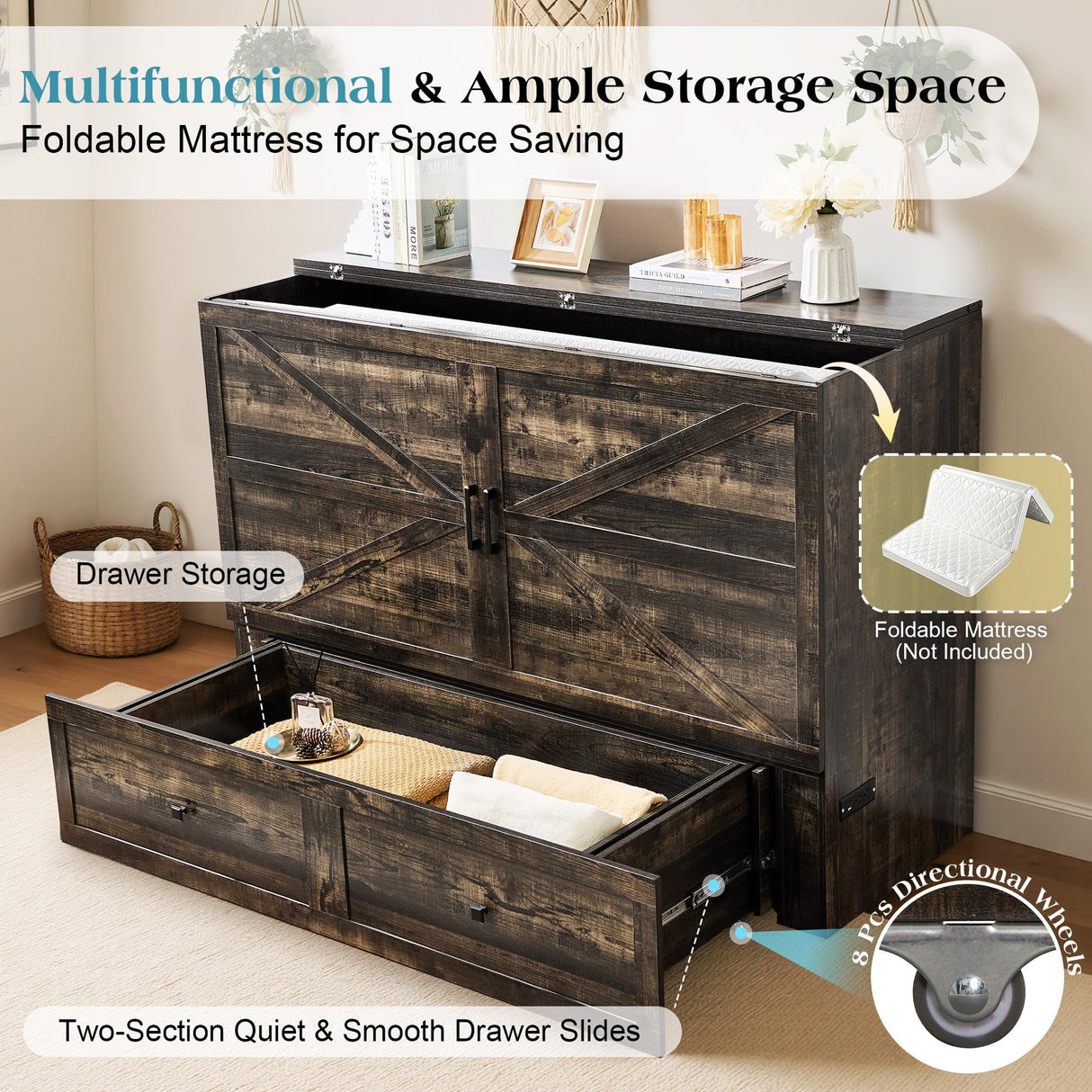 LUXOAK Queen Murphy Bed with Storage and Charging Station, Farmhouse Cabinet Bed, Noise-Free, for Guest Room, Apartment, or Office, Black Oak LUXOAK