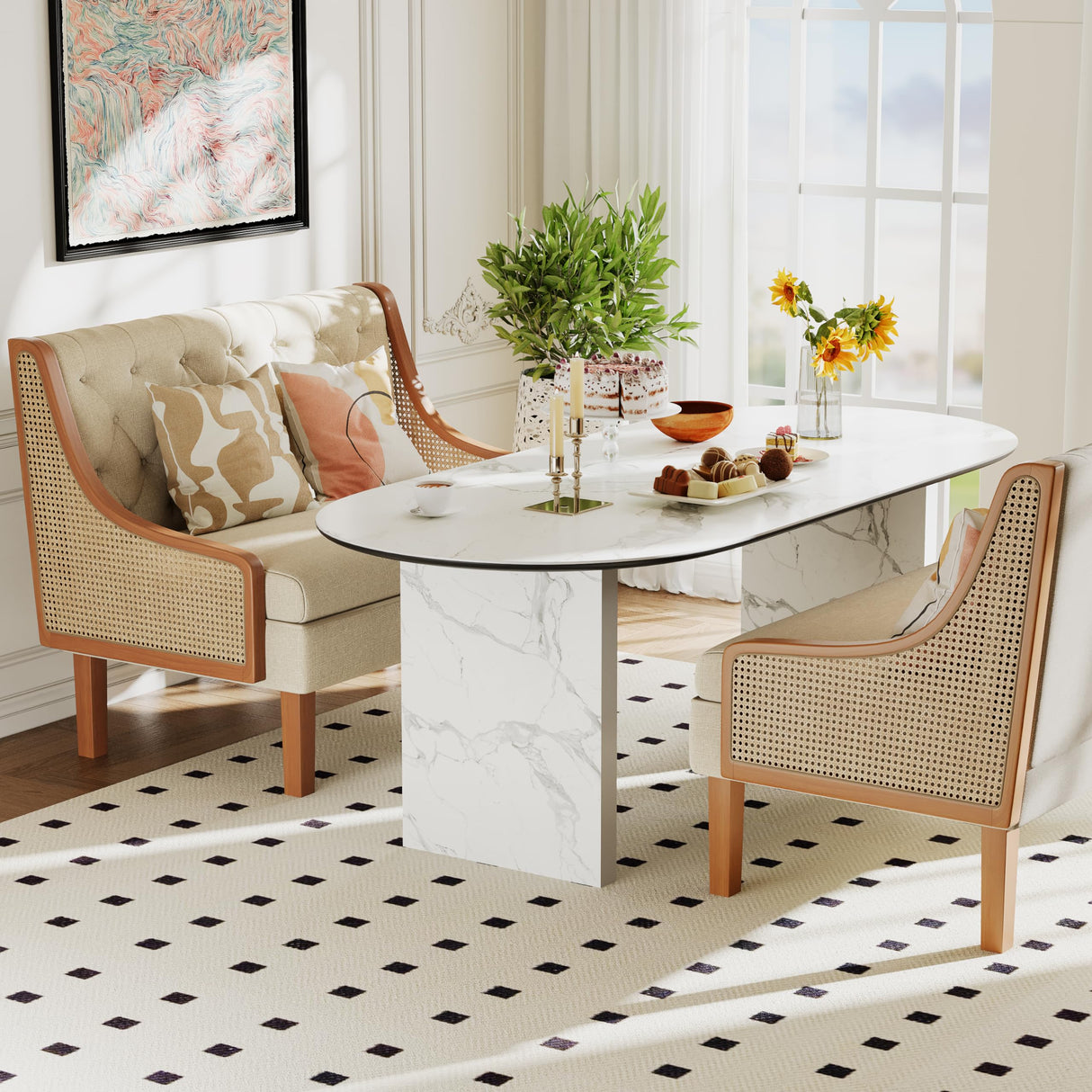 Andeworld Loveseat Settee Bench with Natural Rattan Arms,Upholstered Modern Mini Sofa Couch,Banquette Dining Bench Love Seat for Living Dining Room Bedroom Office Small Space Entryway,Beige Andeworld