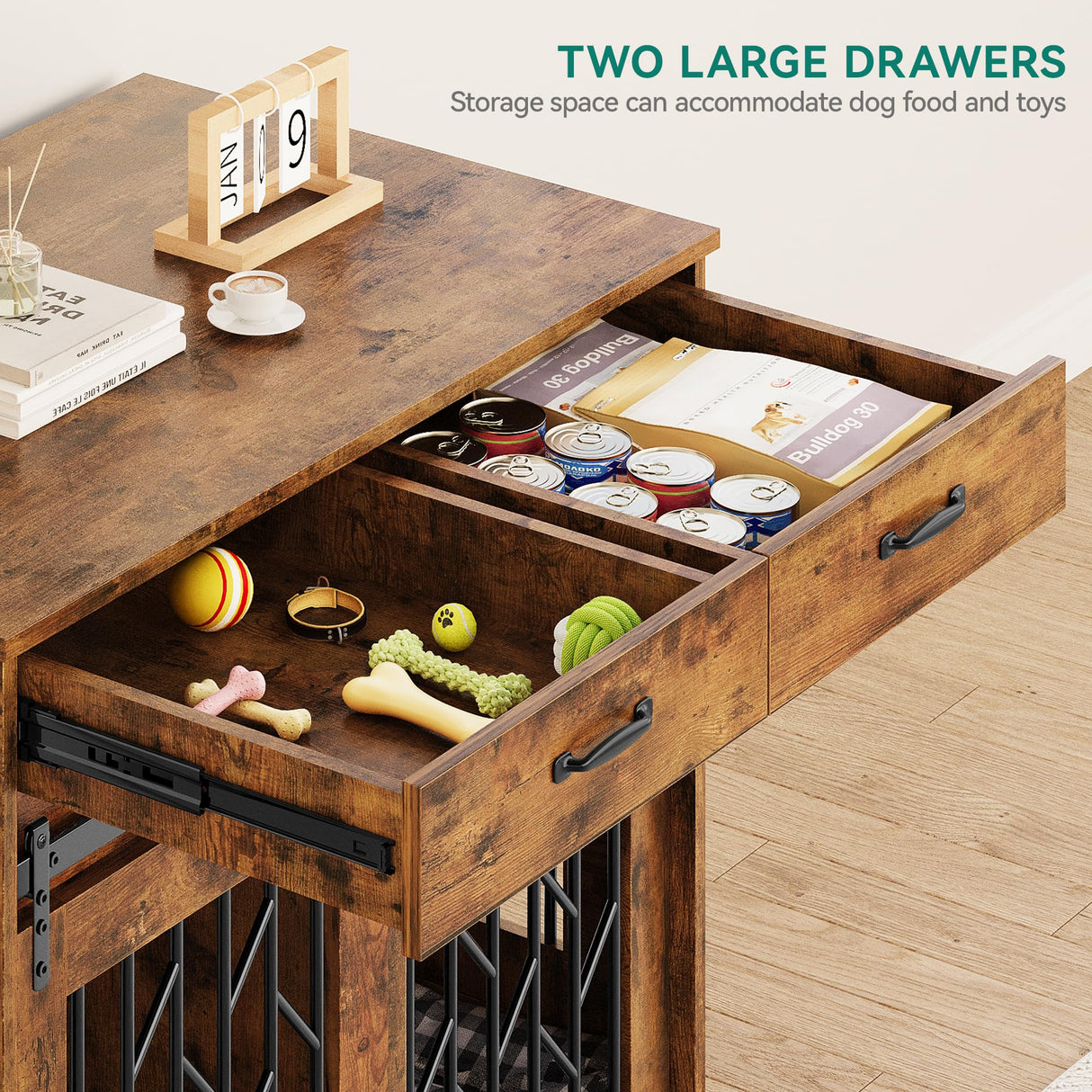 YITAHOME Dog Kennel Furniture for 2 Dogs, 39 inch Double Dog Crate with Storage Drawers, Indoor Wooden Dog House Heavy Duty for 2 Small Medium Dogs, Brown YITAHOME