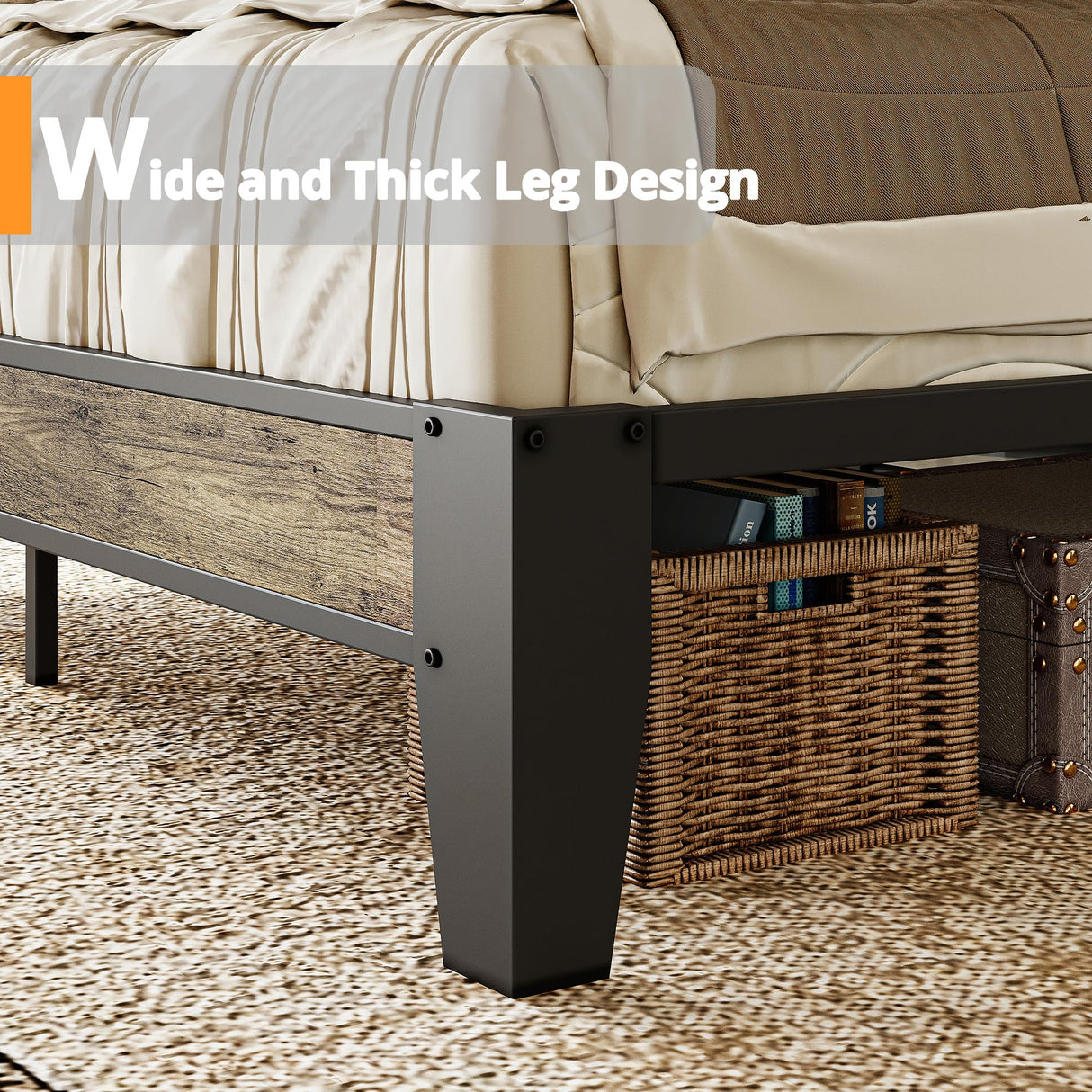 LIKIMIO Queen Bed Frame, Storage Headboard with Charging Station, Solid and Stable, Noise Free, No Box Spring Needed, Easy Assembly (Walnut and Beige) LIKIMIO