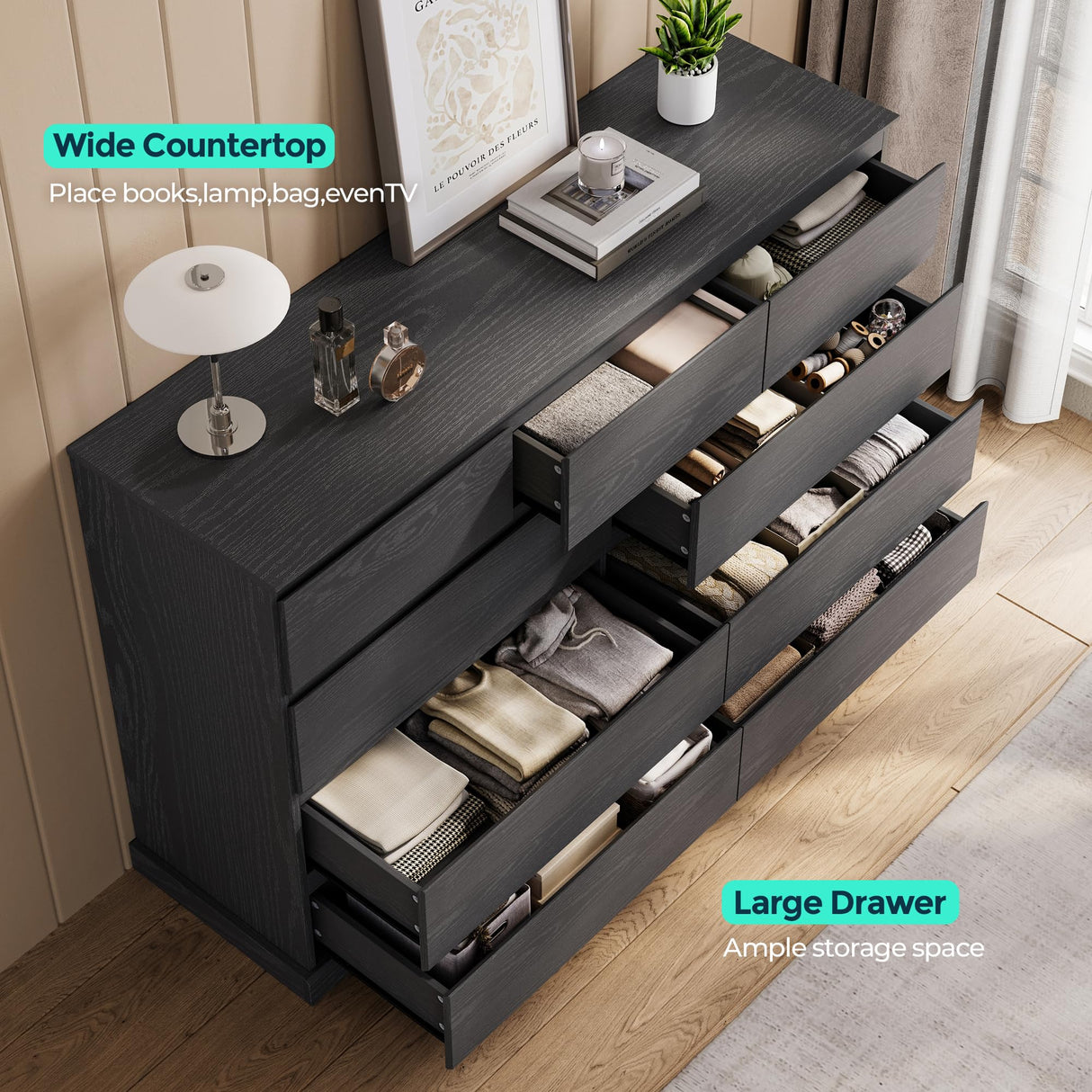 LINSY HOME 9 Drawer Dresser for Bedroom, 53" Wide Chest of Deep Drawers, Modern Farmhouse Wood Dressers with Storage, Large Drawer Organizer for Bedroom, Living Room, Handless Design, Black LINSY HOME