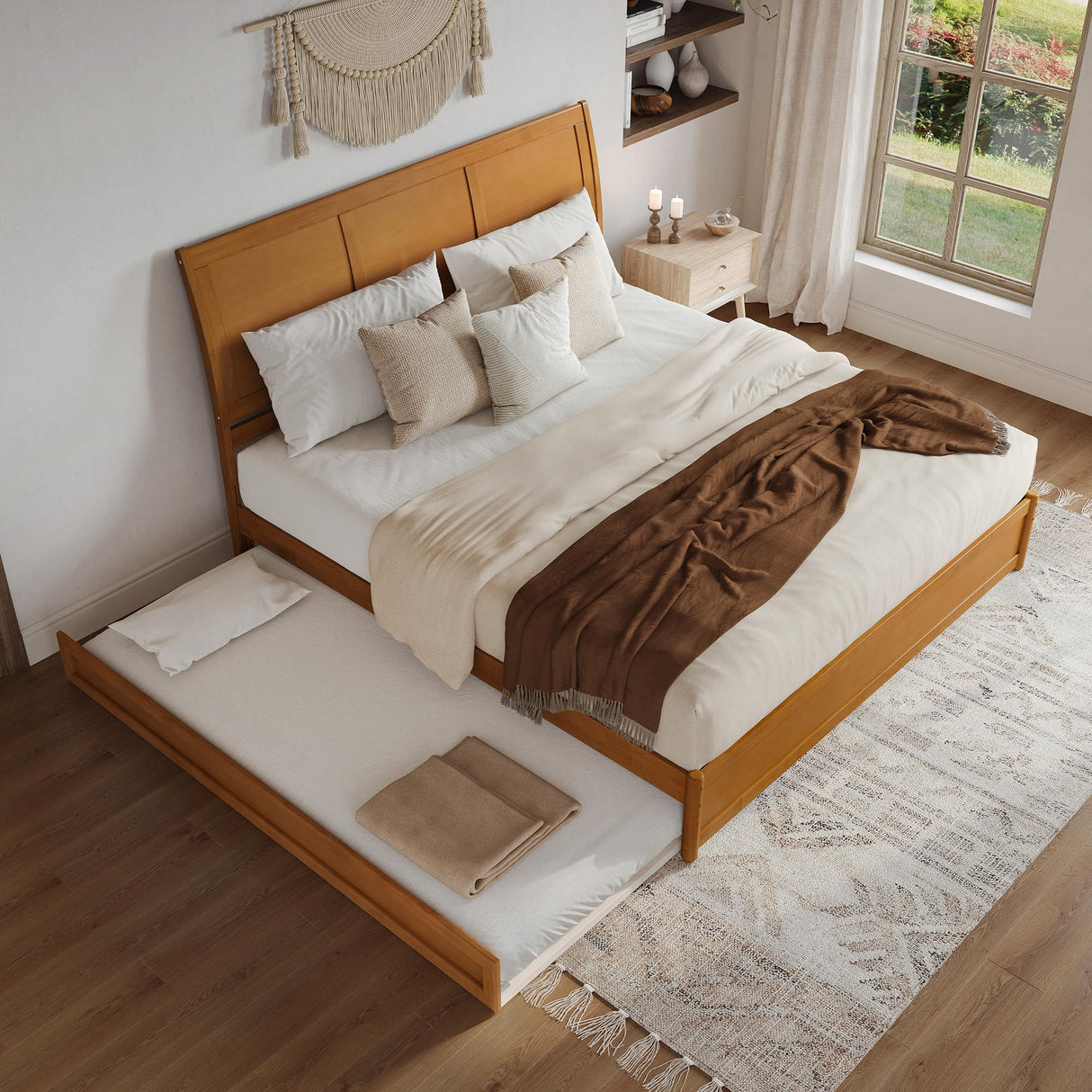 AFI, Andorra King Platform Bed with Panel Footboard & Twin XL Trundle, Light Toffee AFI