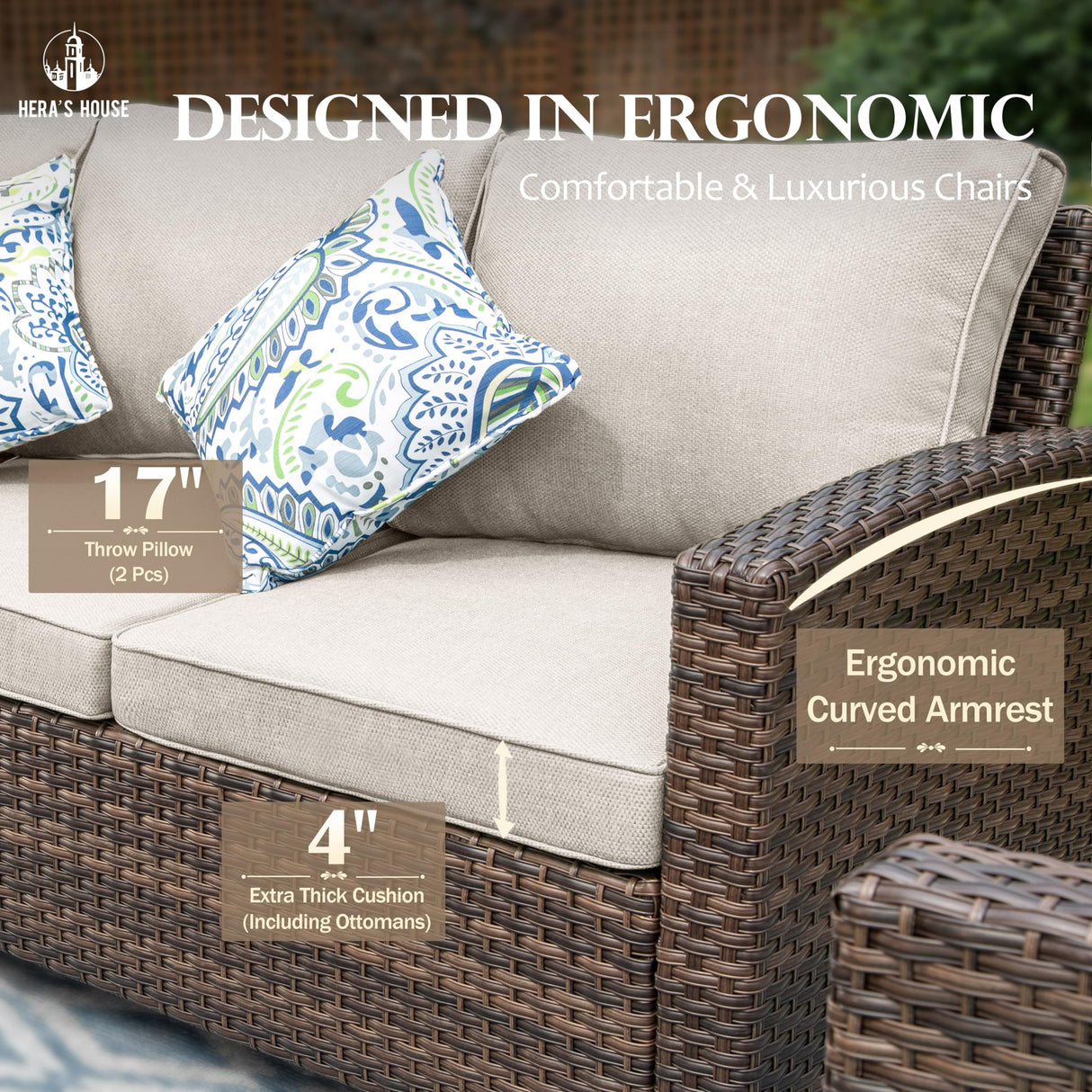 HERA'S HOUSE Patio Furniture Set with Fire Pit Table, 8 Pieces Outdoor Wicker Conversation Set, 4 x Single Chair, 2 x Ottoman, 3-Seat Sofa with 56" Fire Pit Table, for Garden, Poolside, Backyard HERA'S HOUSE