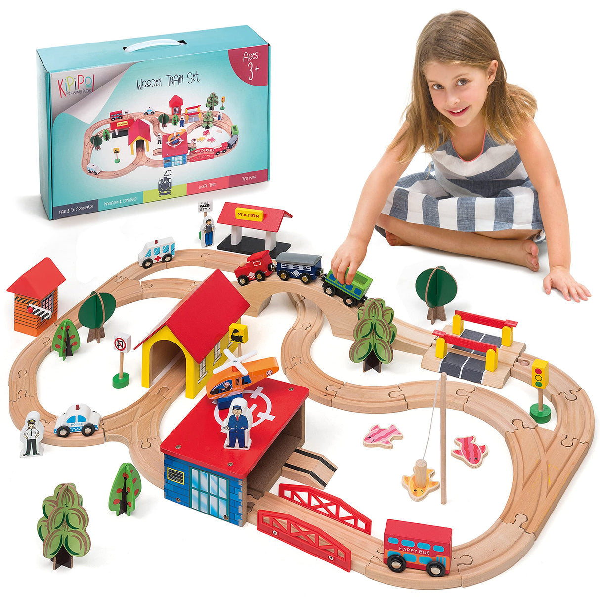 KipiPol Train Set - 69 Pieces Wooden Train Tracks & Trains for Kids, Toddler Boys and Girls 3,4,5 Years Old and Up– Premium Wood Construction Toys -Fits Thomas, Brio, IKEA, Melissa and Doug Kipipol