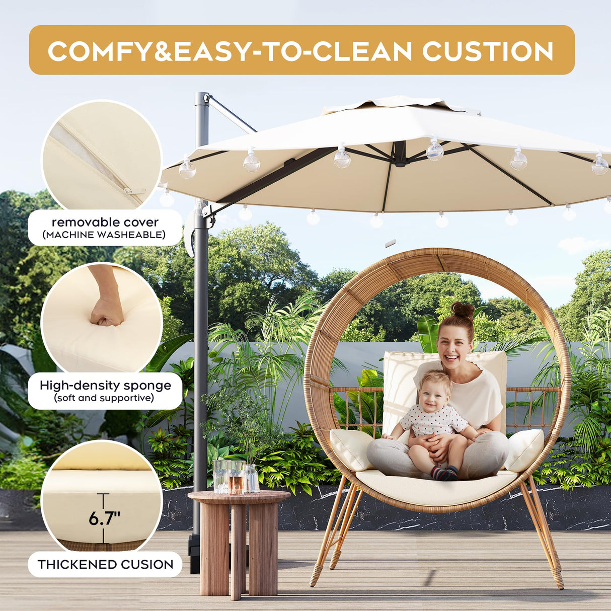 Yechen Egg Chair Outdoor, Oversized Wicker Patio Chairs with 350LBS Capacity, Rattan Porch Chair, 6.69'' Cushions for Living Room, Bedroom, Garden, Round Nest Chairs with Steel Stands Easy Assembly Yechen