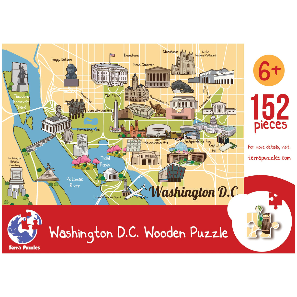 Terra Puzzles Washington DC Illustrated Map Wooden Jigsaw Puzzle - 152 Pieces | Educational Fun for Children & Adults Featuring Famous Landmarks Wood Puzzle Terra Puzzles