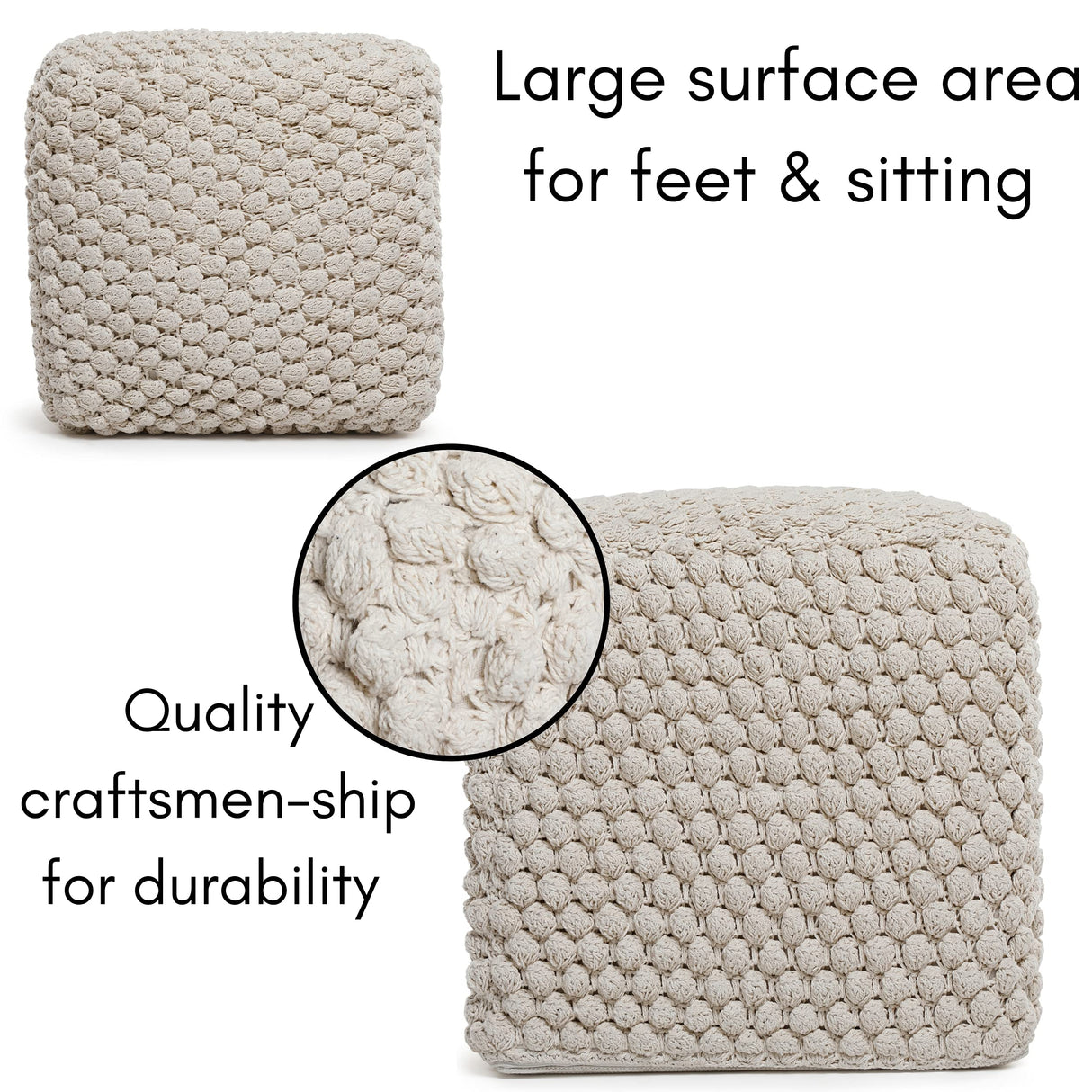 BIRDROCK HOME Buds Pouf Ottoman | Cotton Braided Foot Stool with Bead Filling | Boho Foot Rest for Living Room & Bedroom | Oversized, Sturdy & Comfortable Seating, Lightweight & Soft | Natural BIRDROCK HOME