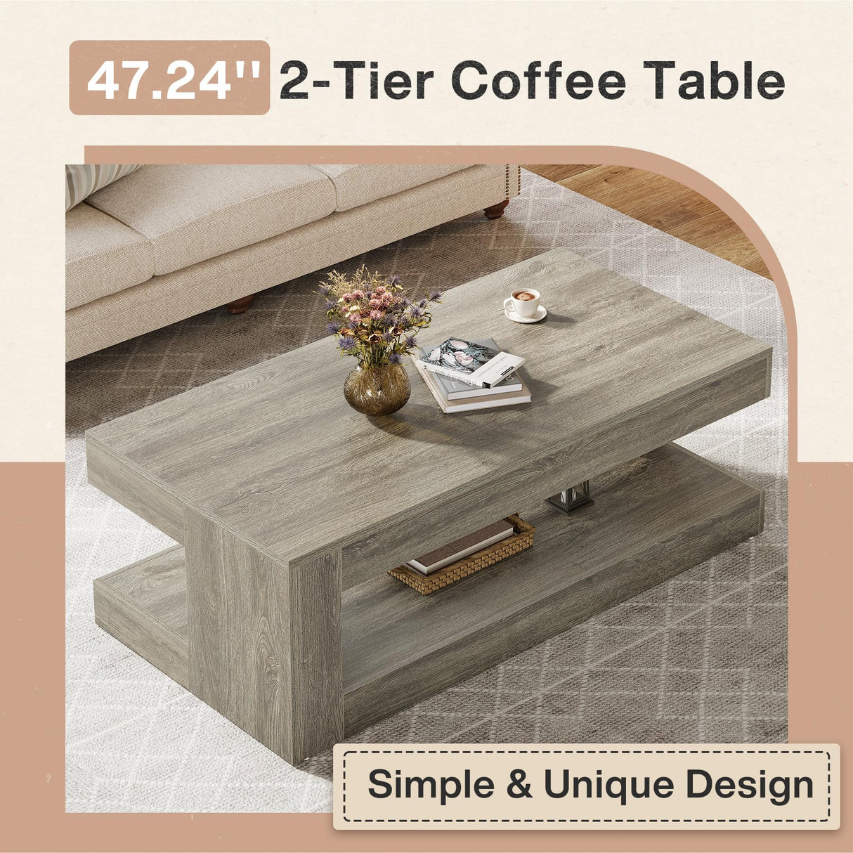 Tribesigns Coffee Table for Living Room, 47.24 Inch Farmhouse 2-Tier Accent Center Tea Cocktail Table with Storage, Elegant Grey, Rectangular Tribesigns