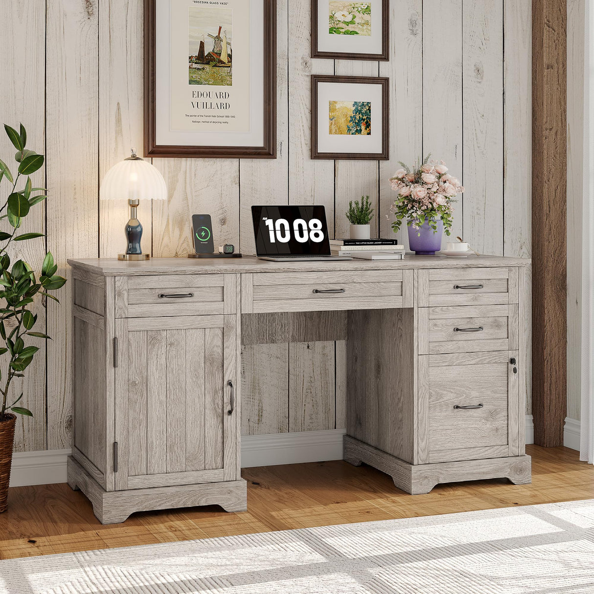 Whalefall 55'' Farmhouse Desk Home Office with Drawers, Executive Computer Desk Wooden with File Cabinet and Charging Station, White Wash Gray Whalefall