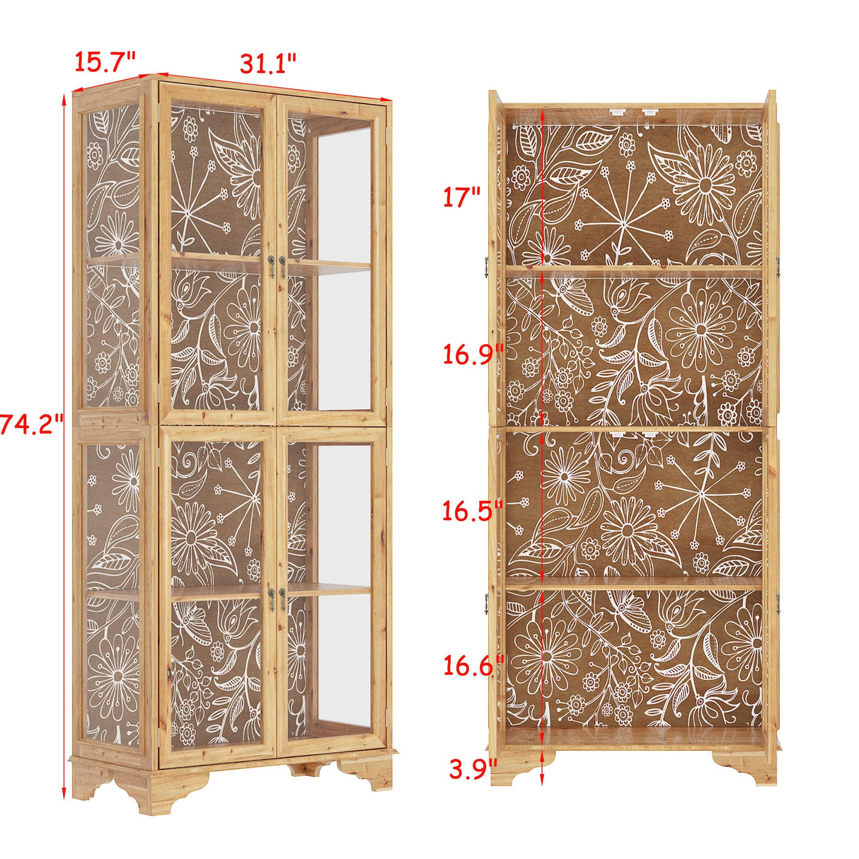 WOODTIME 74.2" H Display Storage Cabinet with 3-Color Lights, Glass Doors & Solid Wood Frame, Curio Cabinet Bookcase Bookshelf with Patterned Backpanel for Living Room Home Office, Light Brown WOODTIME