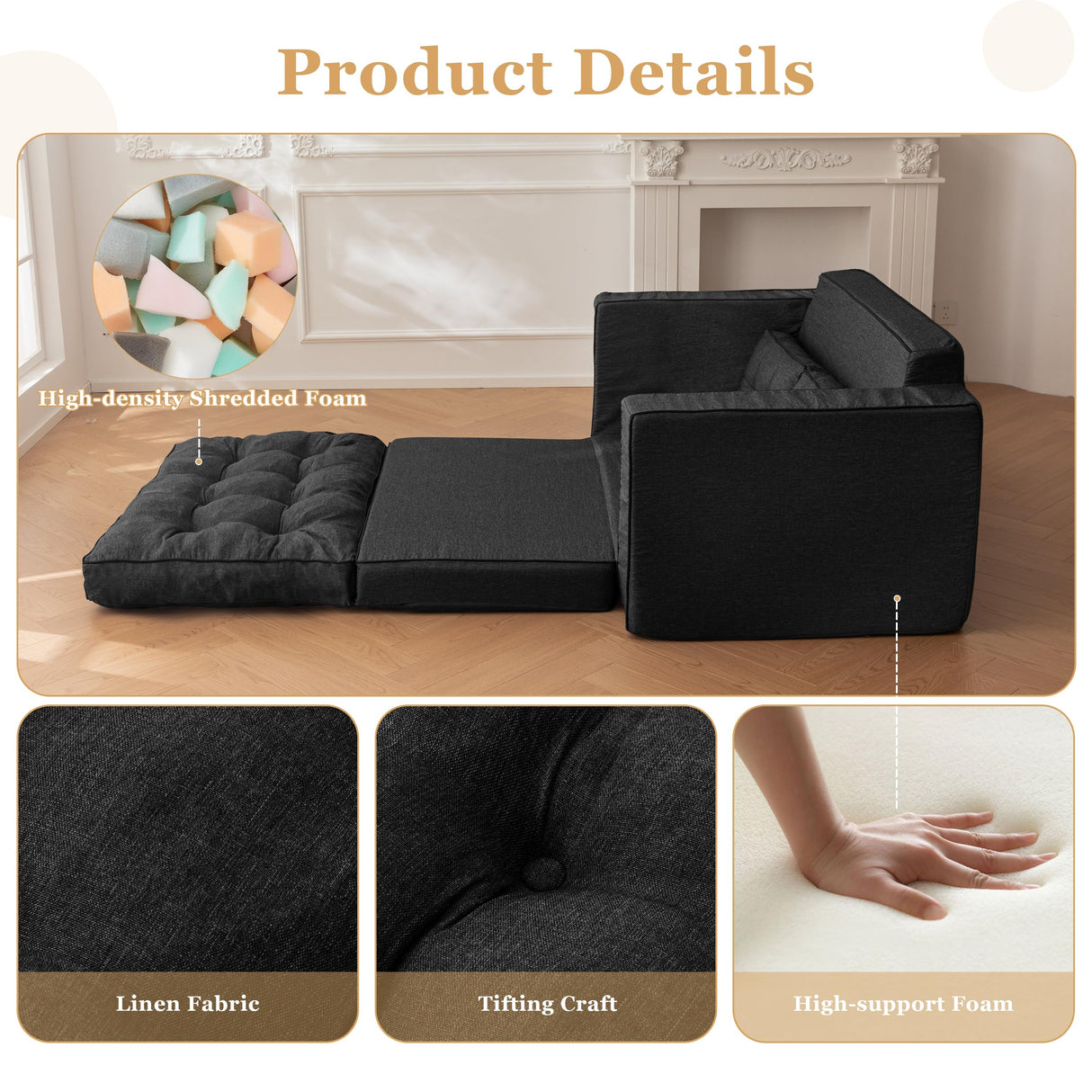 YOSHOOT Loveseat Sleeper Sofa,55" Convertible Sofa Bed Couch Futon Couches for Living Room,3-in-1 Pull Out Floor Couch with Backrest and Pillows, Black YOSHOOT