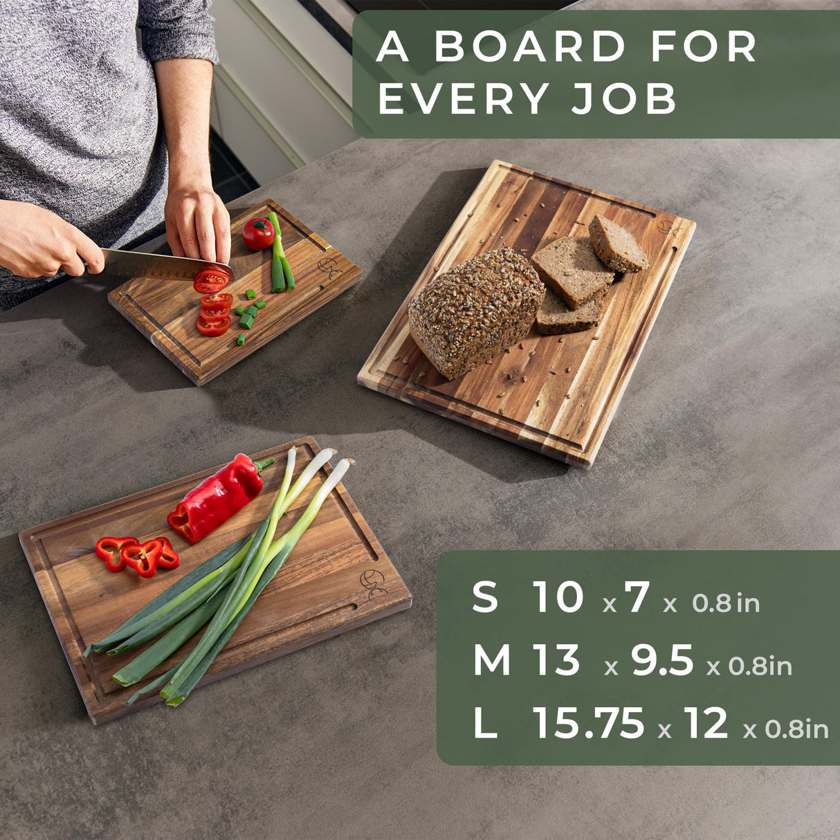WALDWERK Cutting Board Set (15.75 x 12/13 x 9.5/10 x 7 in) out of Solid Acacia Wood - 0,8 in Thick Cutting Boards for Kitchen - Wood Cutting Boards (3 Boards) WALDWERK