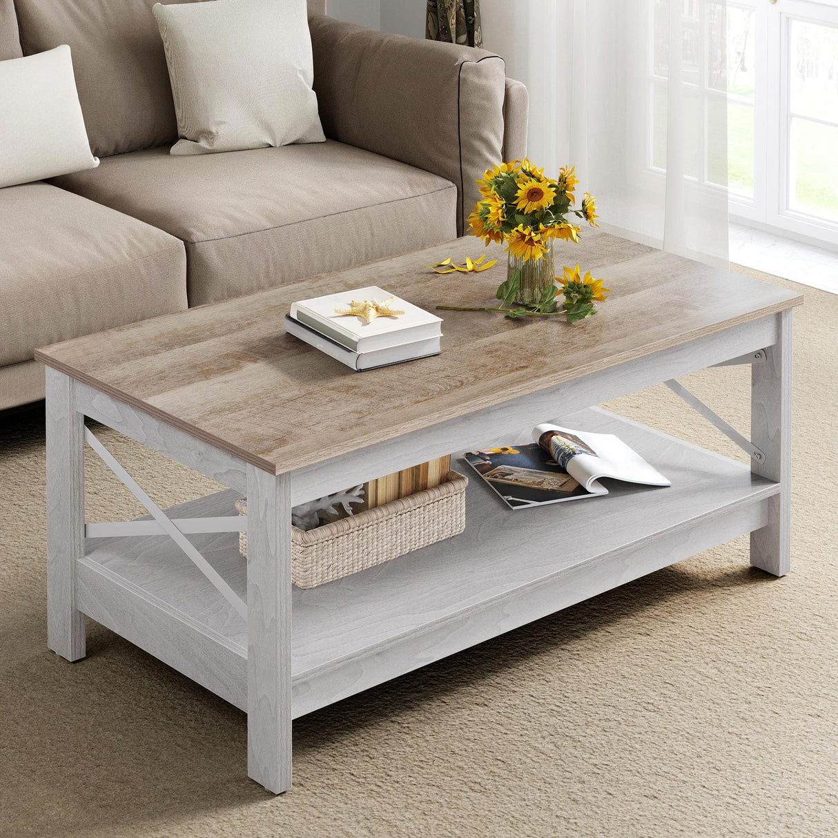 YITAHOME Coffee Tables for Living Room, Modern Farmhouse Coffee Table with Storage, 2-Tier Center Table Wood Living Room Table Accent Cocktail with Sturdy Frame, Grey Wash YITAHOME