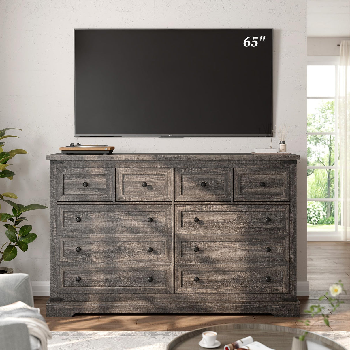 EnHomee 10 Drawer Dressser for Bedroom, 55" W Wood Dressers & Chests of Drawers with Smooth Metal Rail, Large & Wide Dressers for Bedroom,Hallway,Dark Rustic Oak,15" D x 55" W x 35.6" H EnHomee