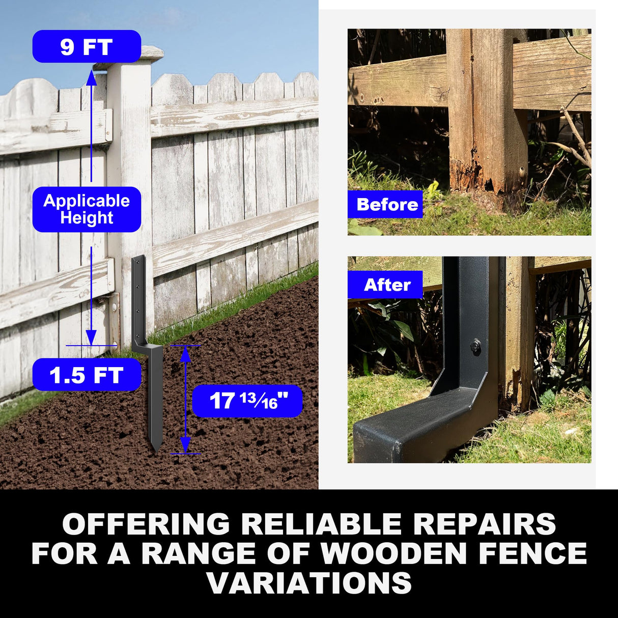 AKINGKONG Thicker Fence Post Repair Anchor Kit, Steel Fence Post Stakes, Repair Leaning 4x4/6x6 Wooden Fence Post Support (Thicker 11-Gauge, 2 akingkong