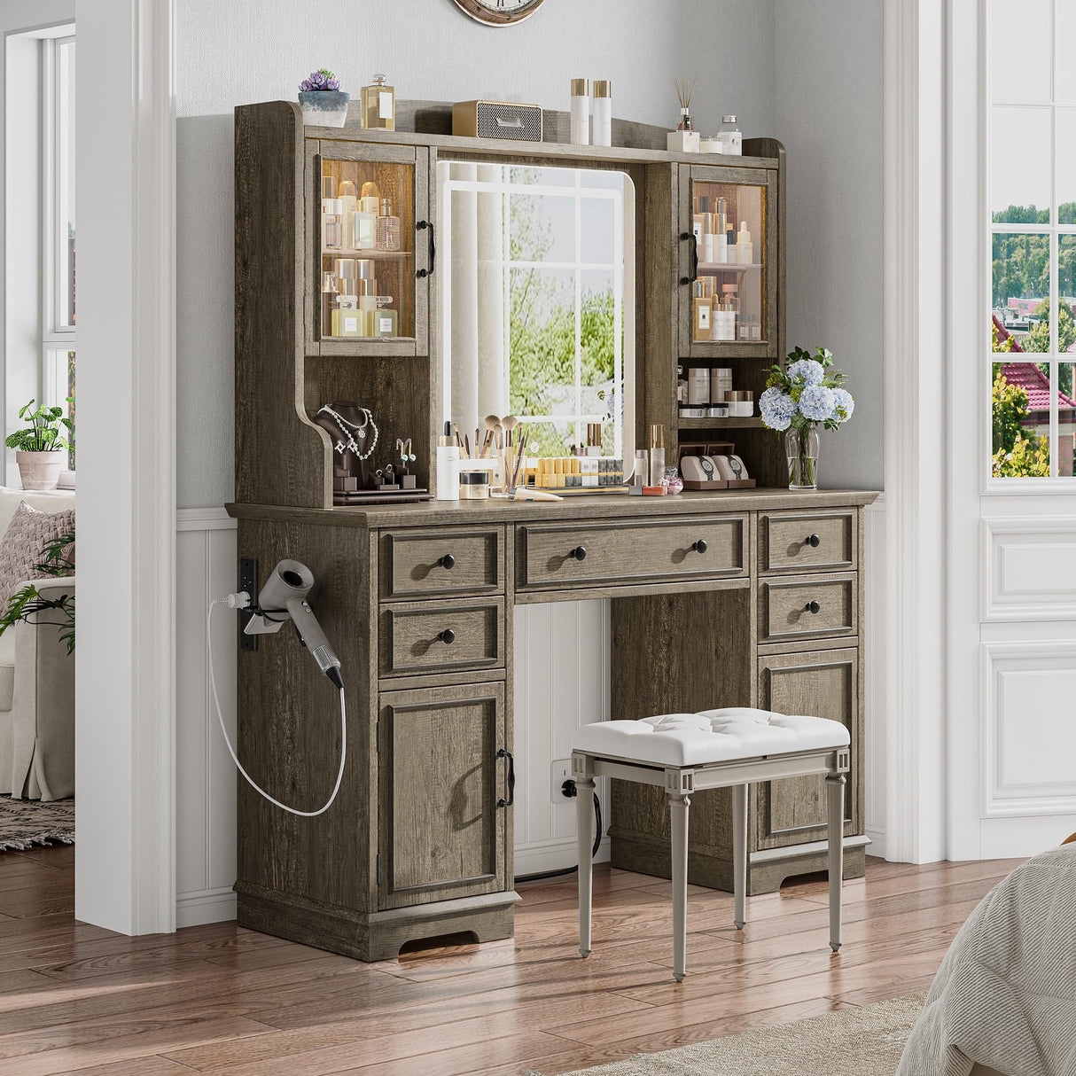 EnHomee Farmhouse Vanity Desk with LED Lighted Mirror, Makeup Vanity Table with RGB Cabinets and Lots Storage, 5 Drawers and 6 Storage Shelves for Bedroom and Dressing Room, Dark Oak EnHomee