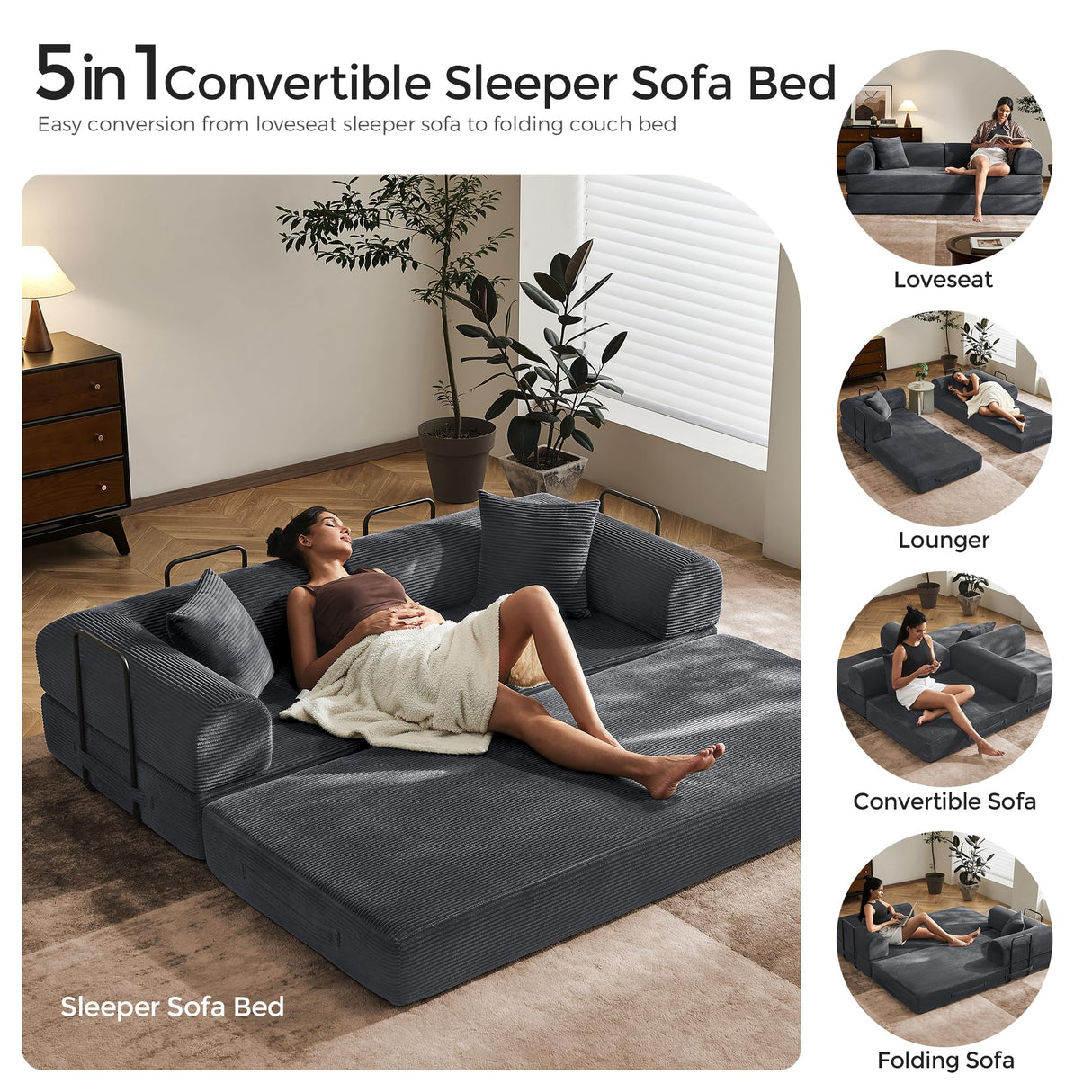 79" Convertible Sofa Bed with Fixed-Shape Frame & Removable Armrests, Modular Corduroy Sleeper Sofa, Folding Mattress Couch for Small Spaces - No Assembly Needed in Dark Gray (Includes 2 Pillows) SAVENICA