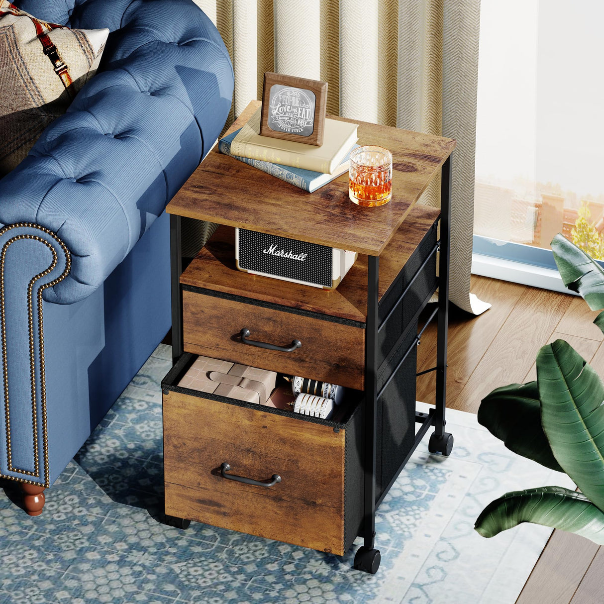 DEVAISE 2 Drawer Mobile File Cabinet, Rolling Printer Stand with Open Storage Shelf, Fabric Vertical Filing Cabinet fits A4 or Letter Size for Home Office, Rustic Brown Wood Grain Print DEVAISE