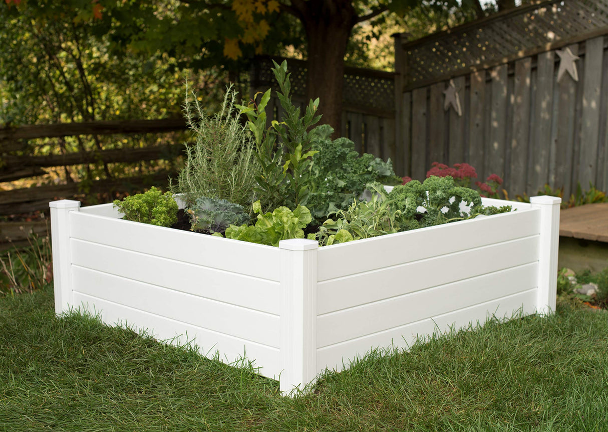 NuVue Products 26001 Premium Outdoor Raised Garden Bed for Growing Edible Plants and Flowers, BPA-Free Woodgrain Panel Elevated Planter Box, 48” L x 48” W x 15” H, White NuVue