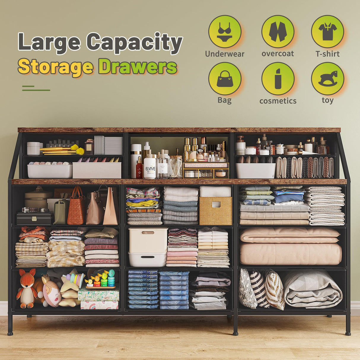 EnHomee 55”W Dresser for Bedroom, Dresser with 13 Large Drawer, Dressers & Chests of Drawers, Dressers with 2 Shelves, Bedroom Dresser, Long Dresser for Closet, Wooden Top Metal Frame Rustic Brown EnHomee