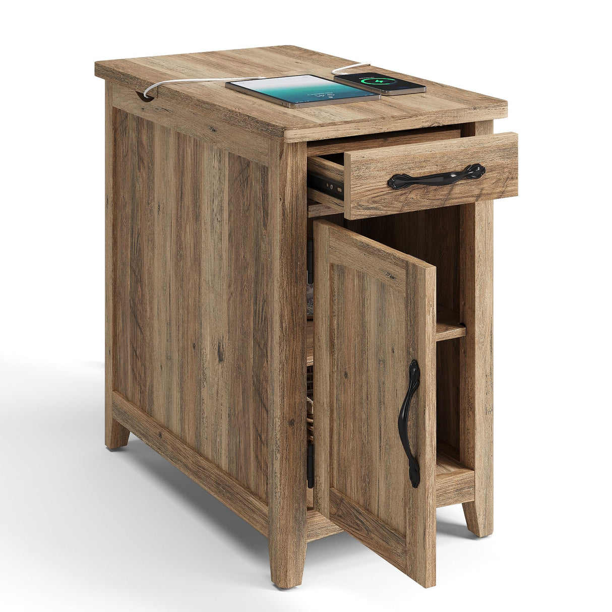 LINSY HOME Farmhouse End Table with Charging Station, Narrow Side Table for Living Room, Sofa Side Table with Drawer and Storage Cabinet, Small Nightstand for Bedroom LINSY HOME