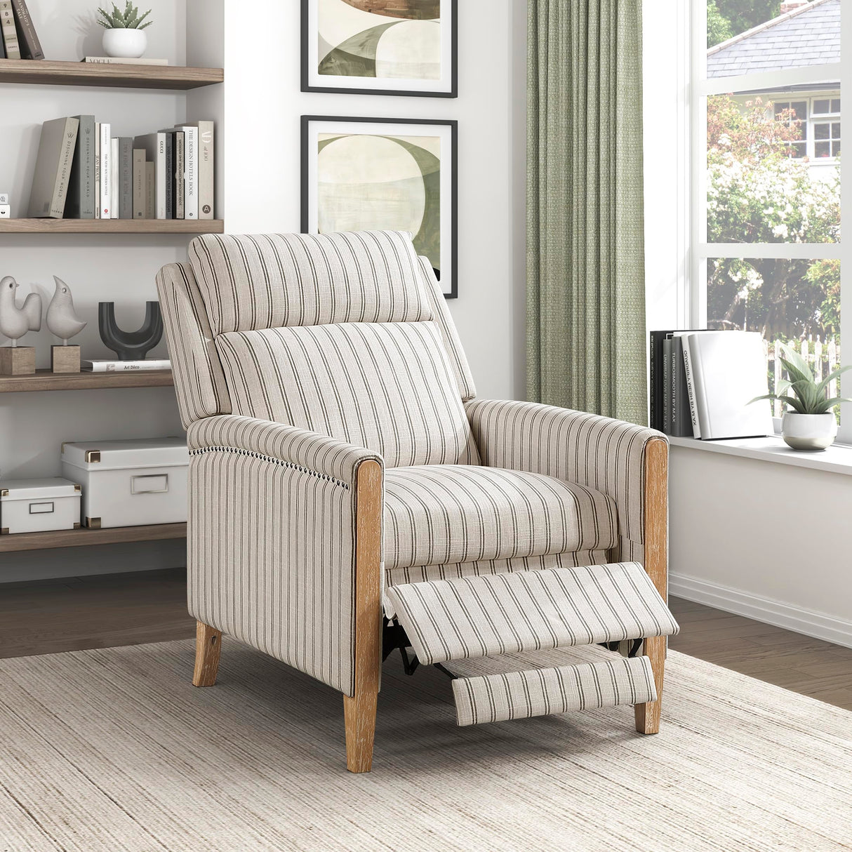 Lexicon Pushback Recliner Chair, Striped Textured Fabric Accent Armchair, Push Back Recliner, Nailhead Trim, Solid Wood Legs, Easy Assembly for Living Room/Office/Apartment, White/Grey Lexicon
