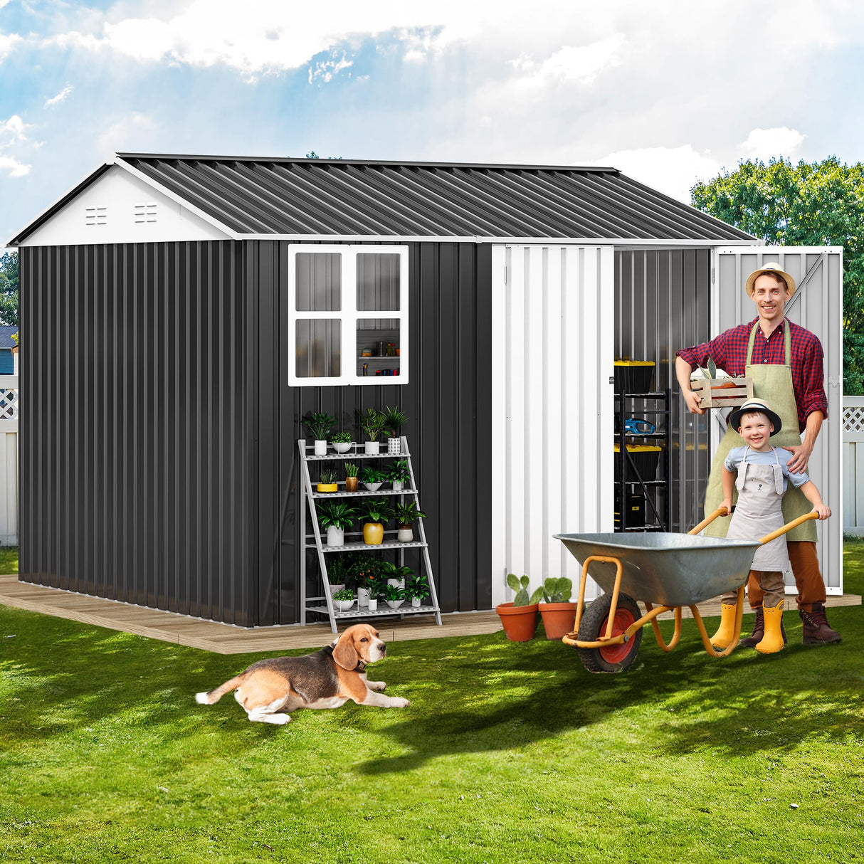 DWVO 10x8ft Large Tool Storage Shed with Window, Lockable Doors, and Sloped Roof, Oversized Steel Outdoor Storage Shed for Garden, Patio, Garage, Backyard, Lawn - Gray & White DWVO