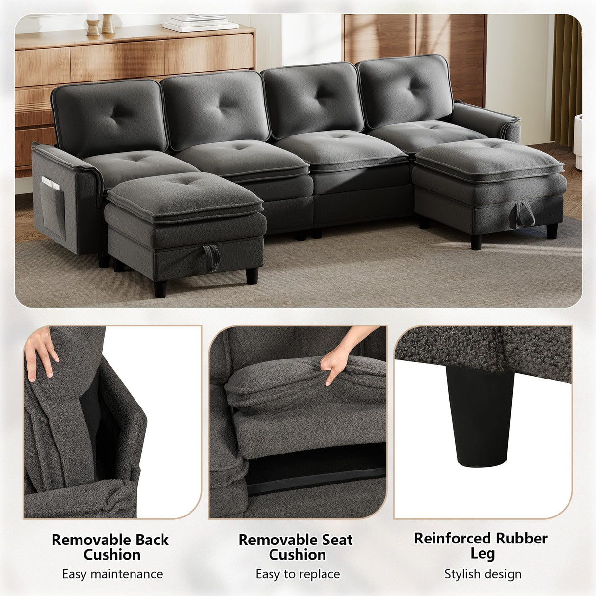 Vlsrka 100" Modular Sectional Cloud Couch with Storage Ottoman, 4-Seater Teddy Velvet Deep Seat Modern Sofa with Removable Cushion for Living Room, Bedroom and Apartment (Dark Grey) Vlsrka