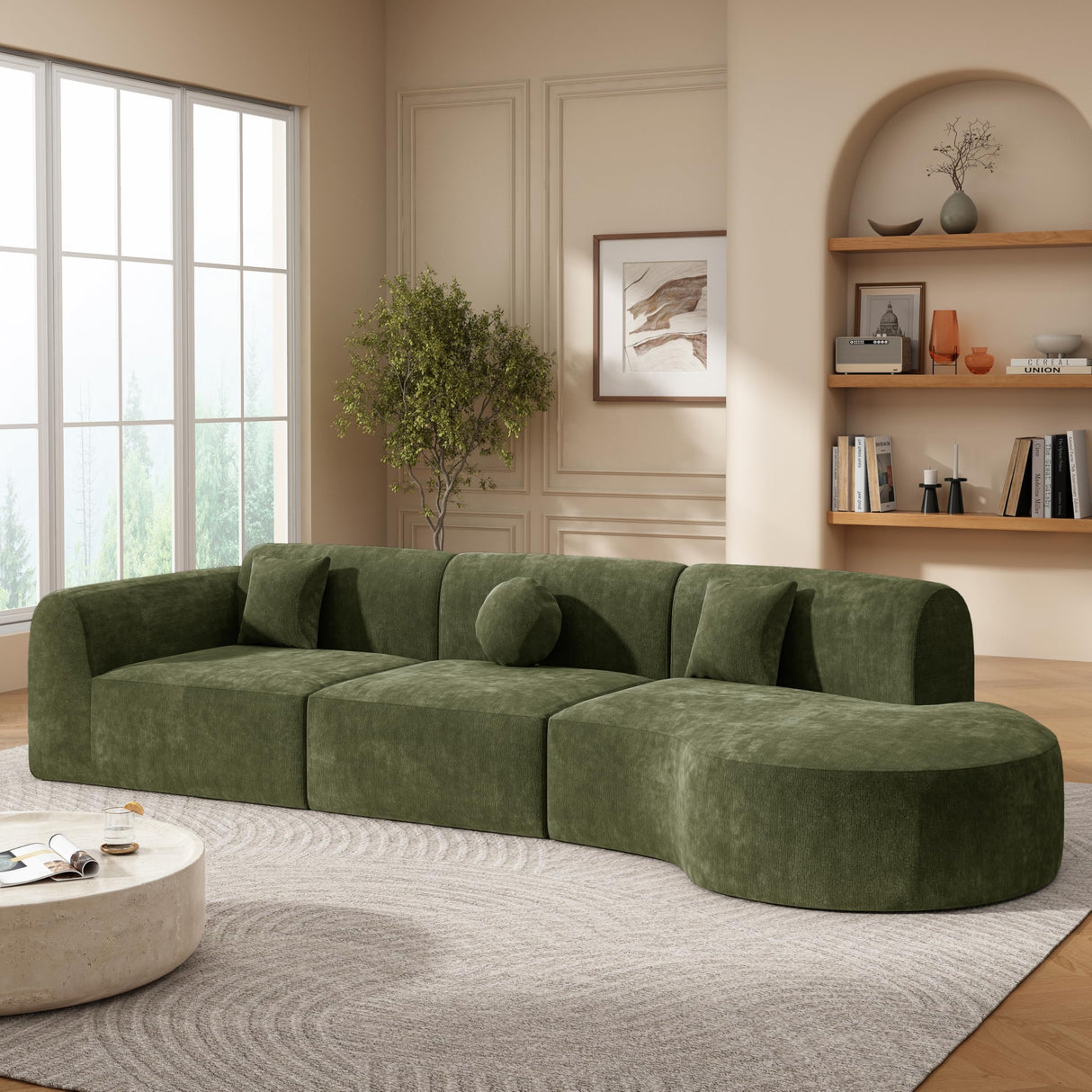 Merax 140" Curved Polyester Sectional Sofa Set, 7 Seat Modern Cloud Couch with Chaise Lounge,3 Pillows, Fully Assembled for Living Room, Green Merax