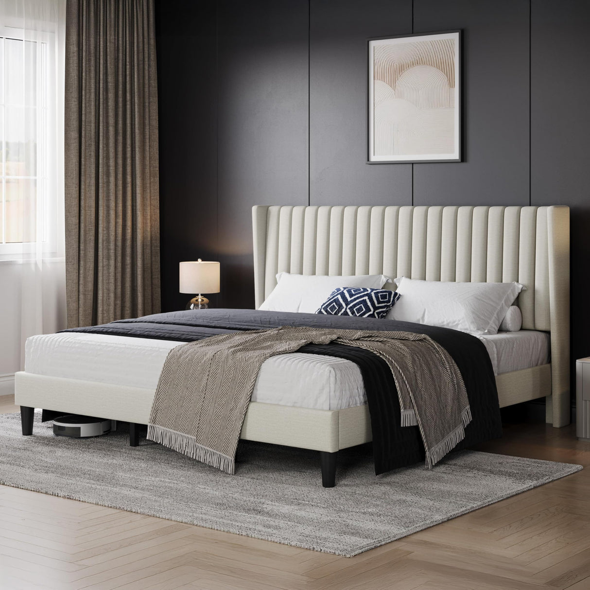Yaheetech King Bed Frame Upholstered Platform Bed with Fabric Headboard, Wing Edge Design/Non-Slip and Noise-Free/Wooden Slats Support/No Box Spring Needed/Easy Assembly, Beige King Bed Yaheetech