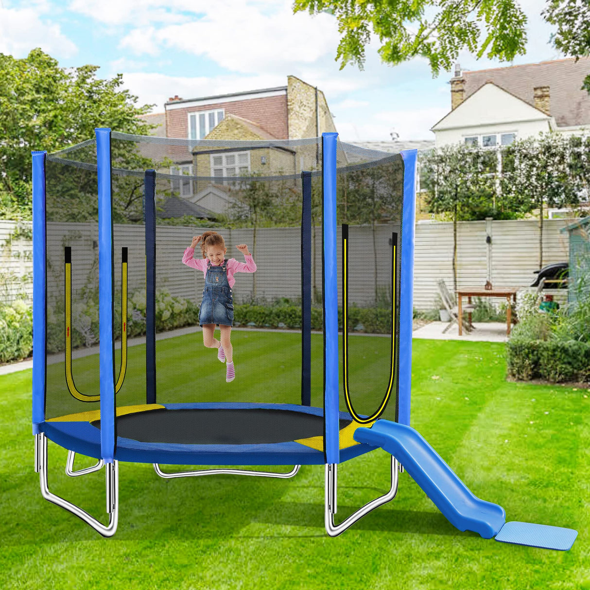 Merax 7FT Trampoline with Slide and Ladder for Kids, Easy Assembly Round Outdoor Recreational Trampoline with Safety Enclosure Net, Blue Merax