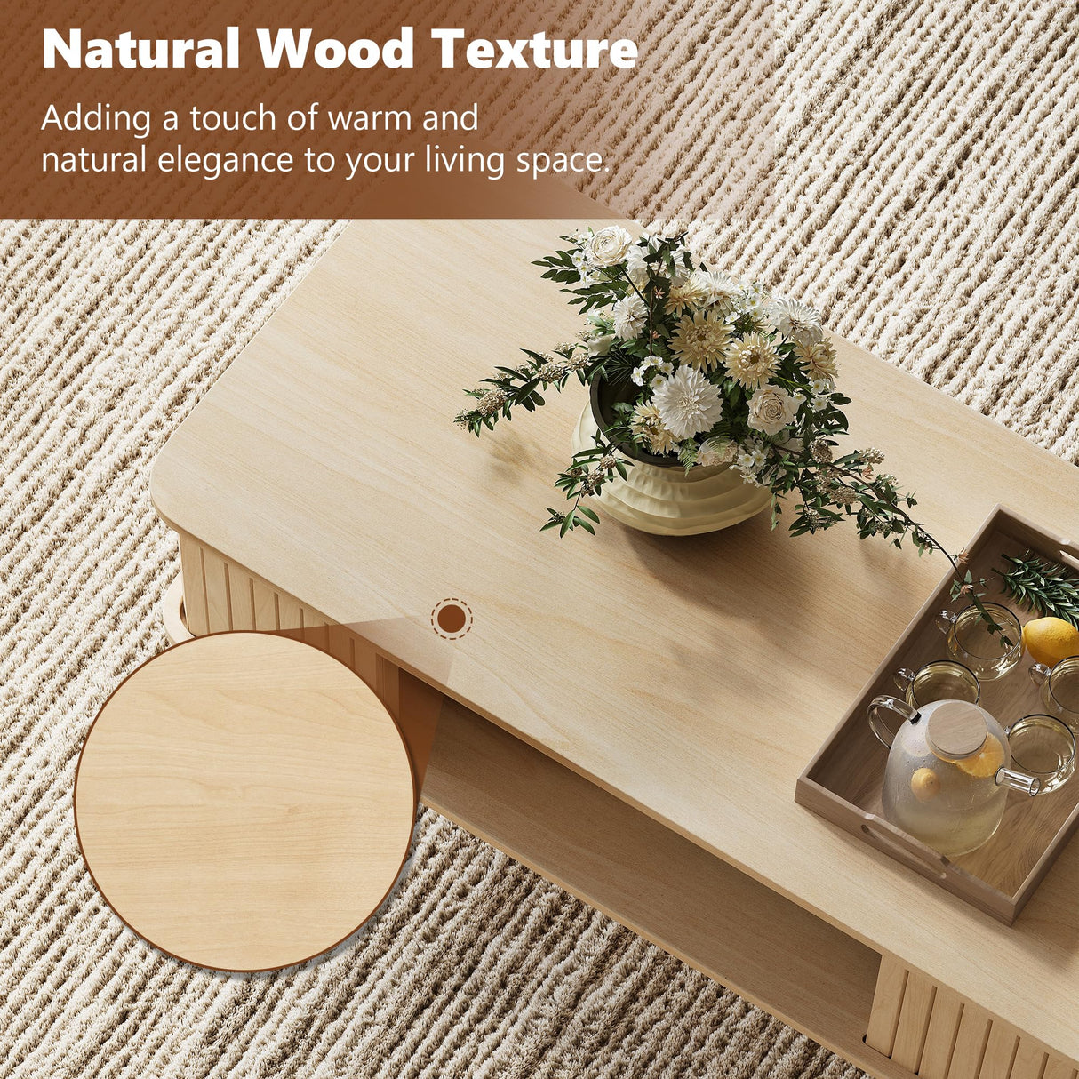 LAZZO Coffee Table with Storage Center Table for Living Room Rectangle Coffee Table with Rounded Edges,Easy Assembly, Natural Wood LAZZO