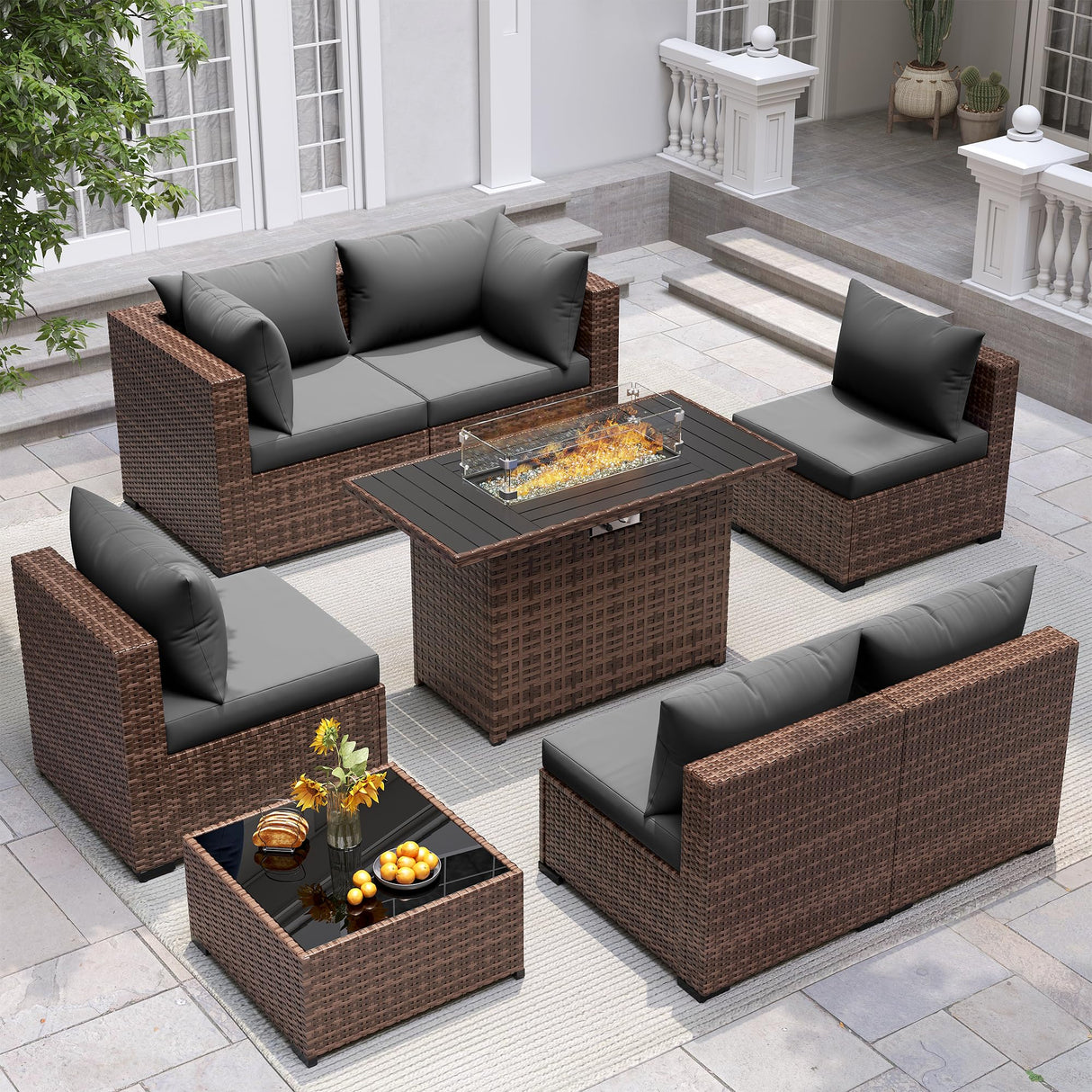 UDPATIO Outdoor Patio Furniture Set with Fire Pit Table, 8 Piece Outdoor Sectional Sofas, All-Weather Wicker Patio Conversation Set for Garden, Backyard Dark Grey UDPATIO
